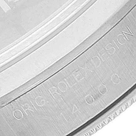 The image shows an angled close-up of the case back of the Rolex Air-King 14000 Men's Stainless Steel Pink Dial 14000 Men's Stainless Steel Pink Dial watch, highlighting engraved text and design details.