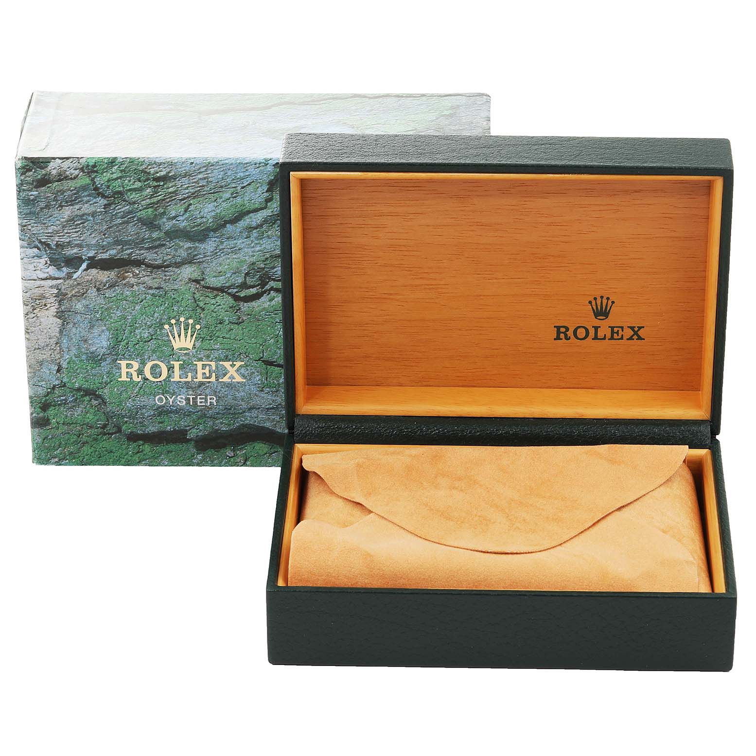 The image shows an open Rolex Air-King 14000 Men's Stainless Steel Pink Dial 14000 Men's Stainless Steel Pink Dial box with an inner wooden compartment and a protective cloth, alongside its outer packaging.