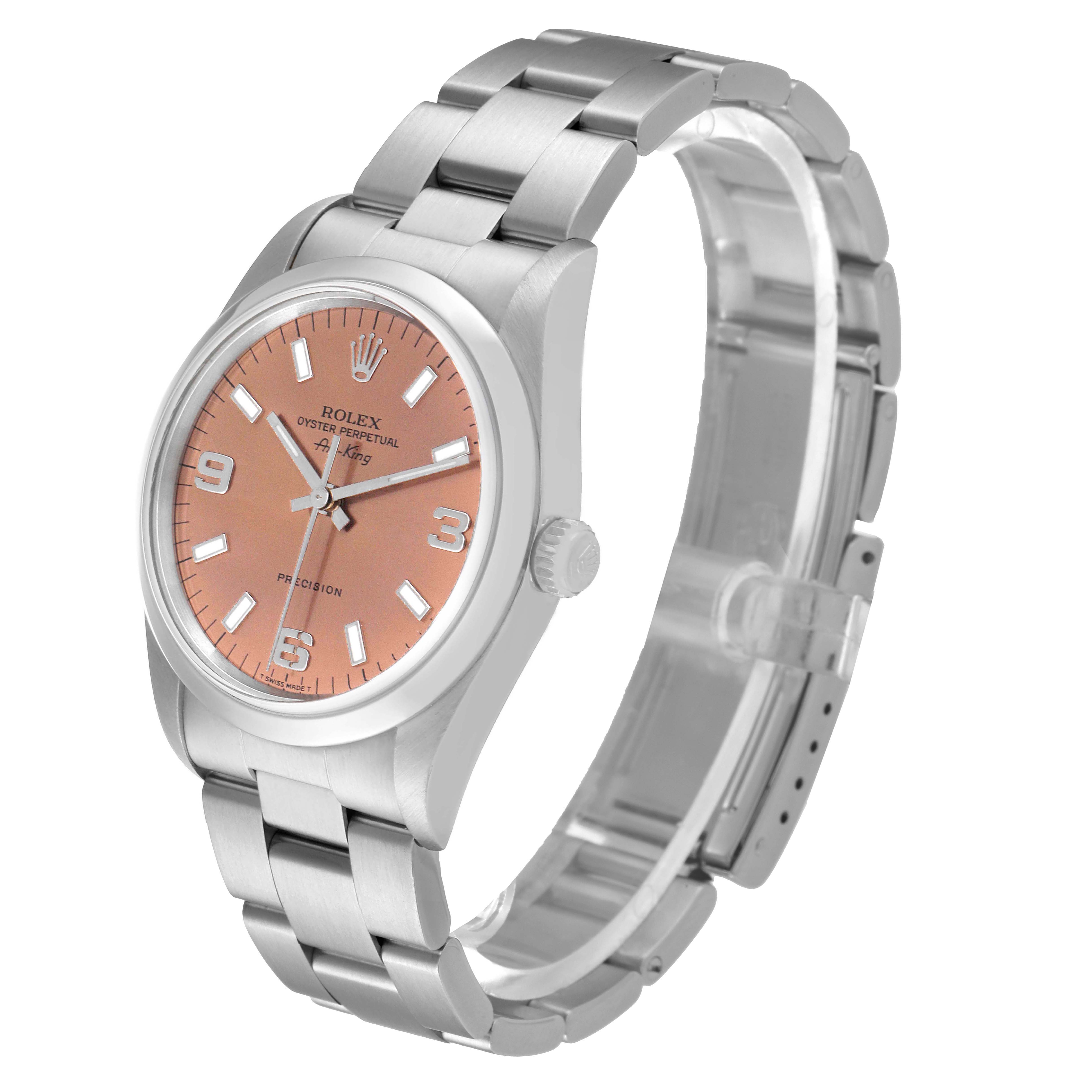 This image shows a Rolex Air-King 14000 Men's Stainless Steel Pink Dial 14000 Men's Stainless Steel Pink Dial watch at a three-quarter angle, highlighting the face, bezel, crown, and stainless steel bracelet.