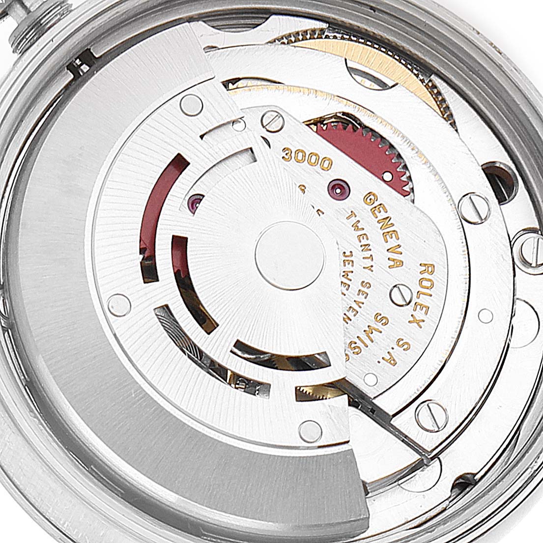 The image shows a close-up view of the internal mechanism of an Air-King model by Rolex.
