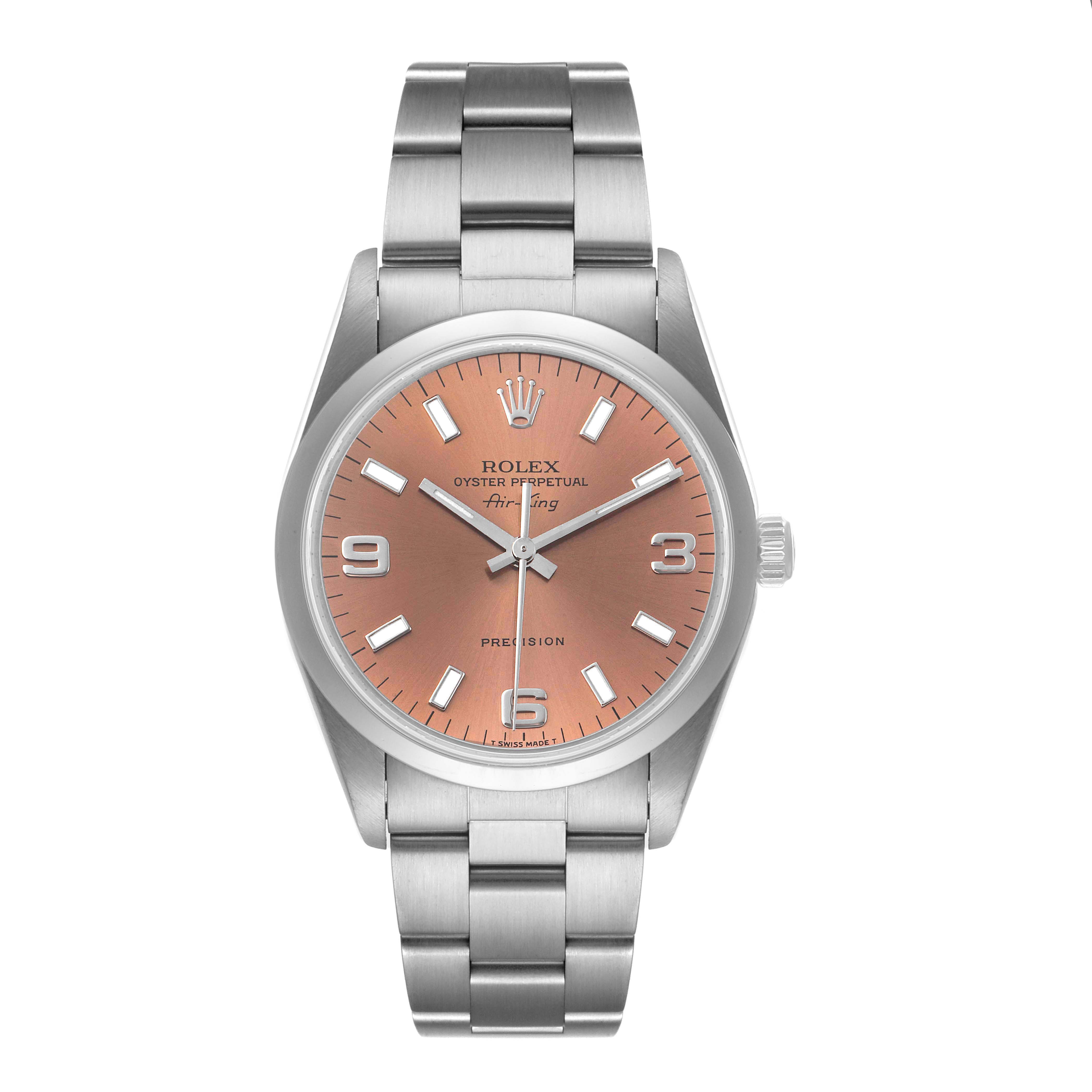 This image shows a front view of the Rolex Air-King 14000 Men's Stainless Steel Pink Dial 14000 Men's Stainless Steel Pink Dial watch, highlighting its dial, hands, and bracelet.