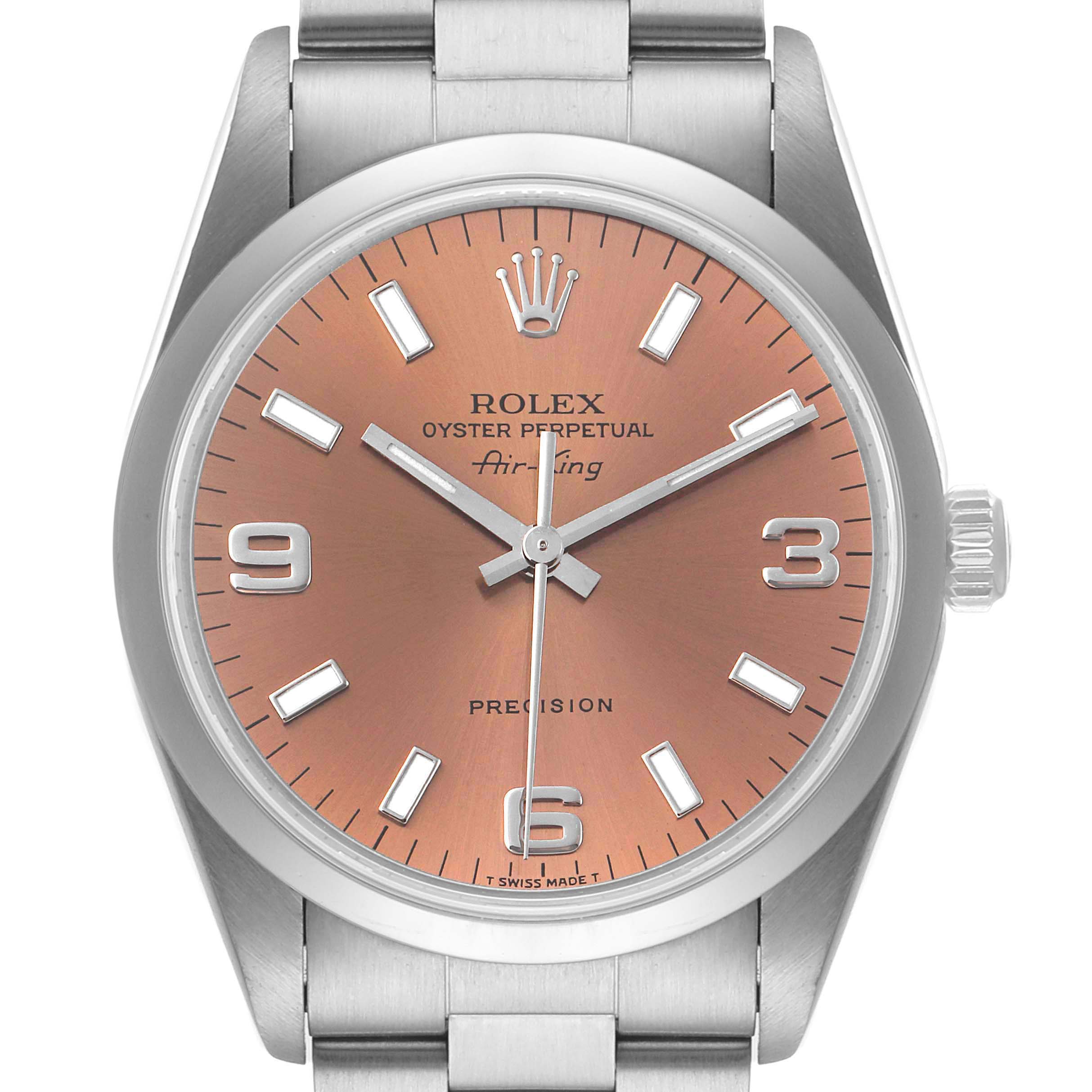 A front view of the Rolex Air-King 14000 Men's Stainless Steel Pink Dial 14000 Men's Stainless Steel Pink Dial watch, showing the dial, hands, crown, and part of the metallic band.