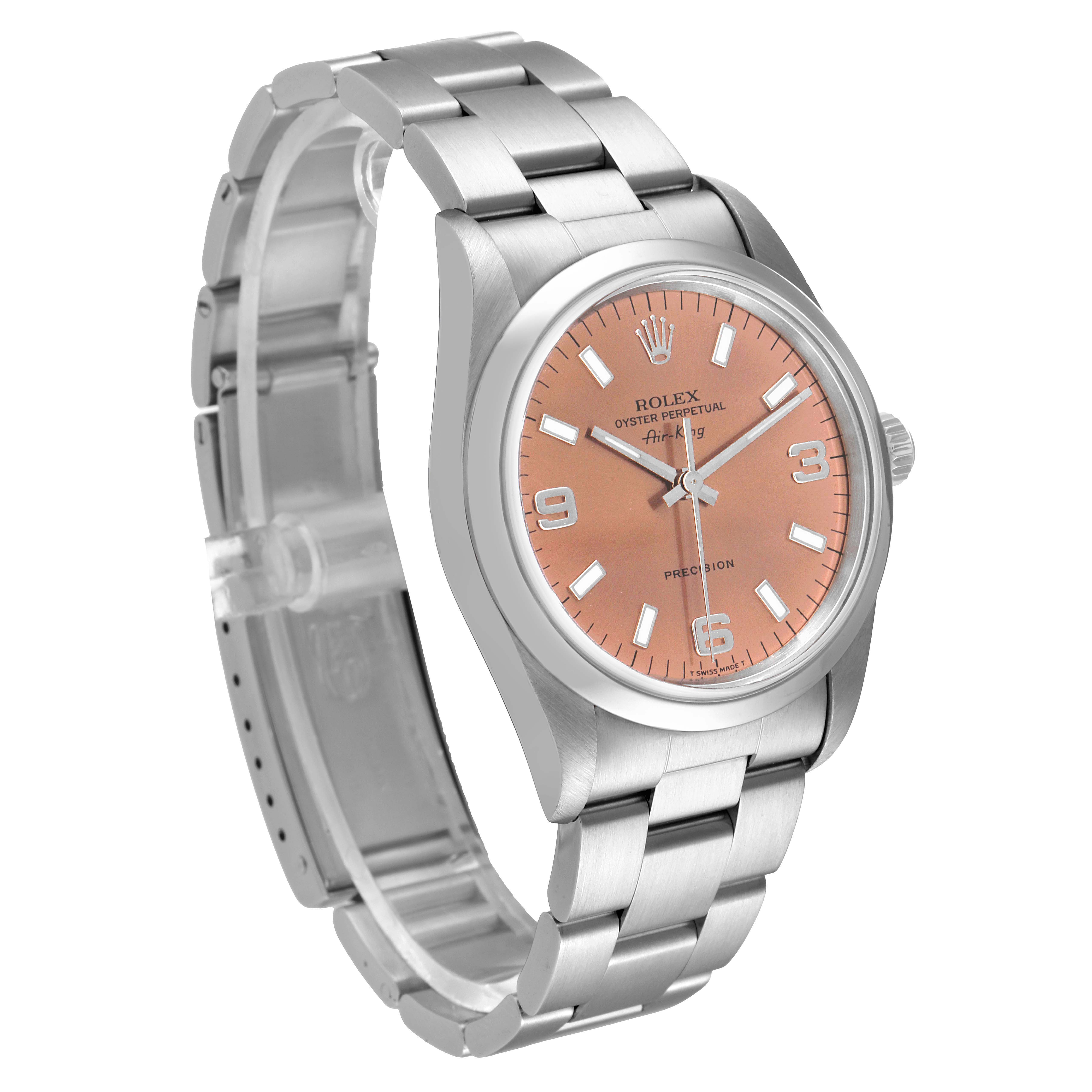 This image shows a Rolex Air-King 14000 Men's Stainless Steel Pink Dial 14000 Men's Stainless Steel Pink Dial watch viewed from an angled perspective, displaying the bracelet, dial, and case clearly.
