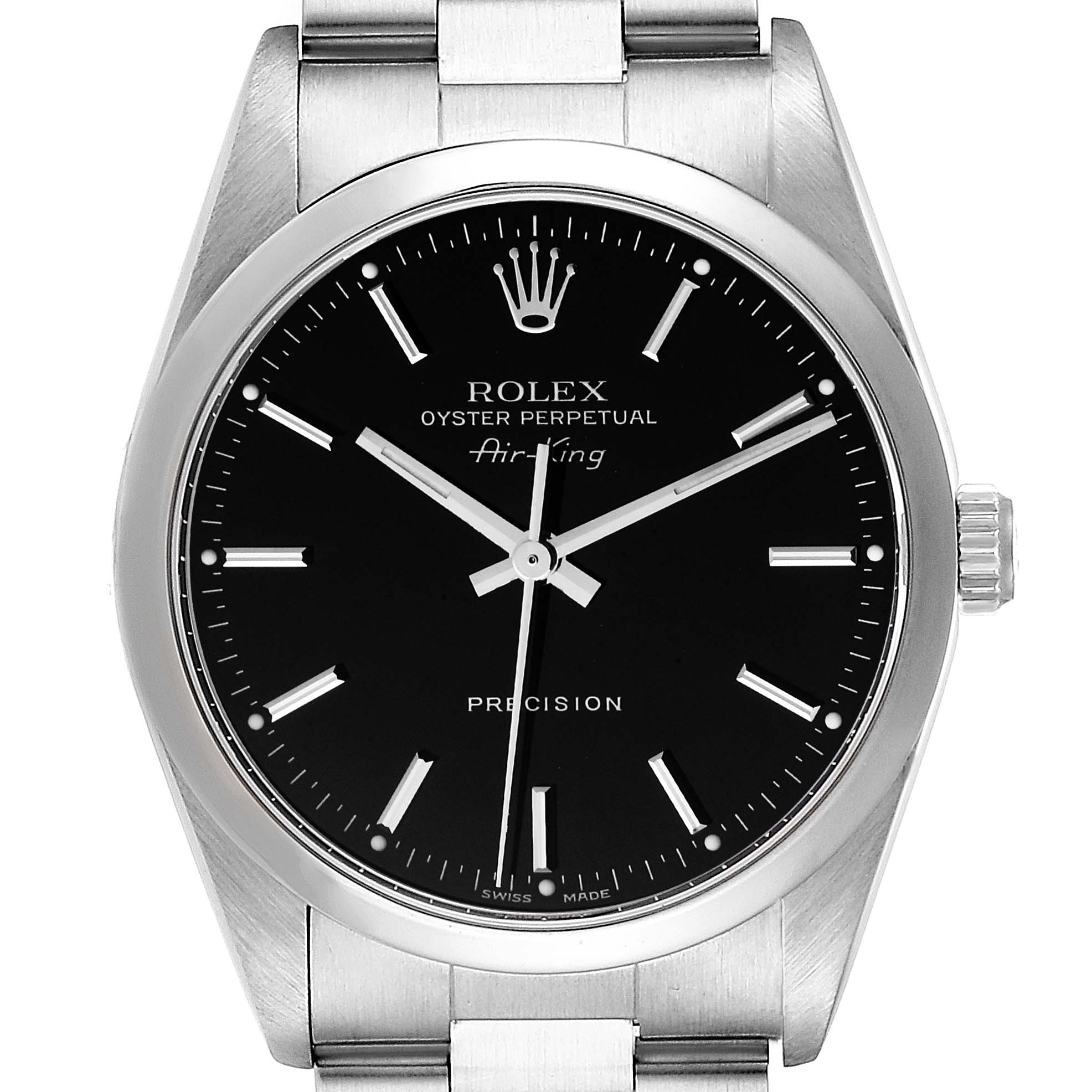 The image shows a front view of the Rolex Air-King 14000 Men's Stainless Steel Black Dial 14000 Men's Stainless Steel Black Dial watch, highlighting its black dial, silver hands, and hour markers.