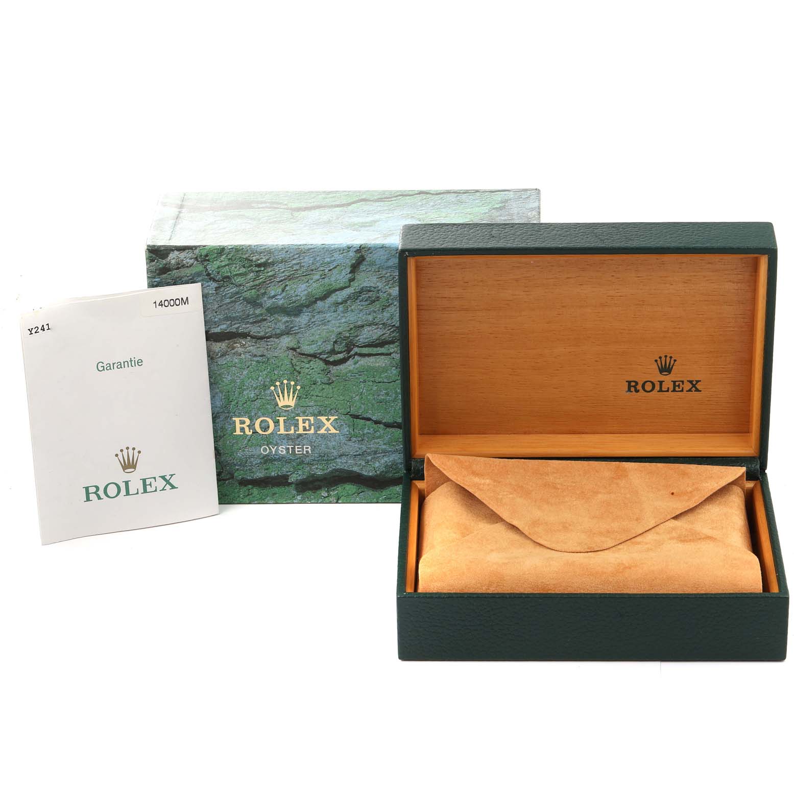 The image shows the Rolex Air-King 14000 Men's Stainless Steel Black Dial 14000 Men's Stainless Steel Black Dial packaging, including the outer box, inner presentation box, and guarantee booklet.