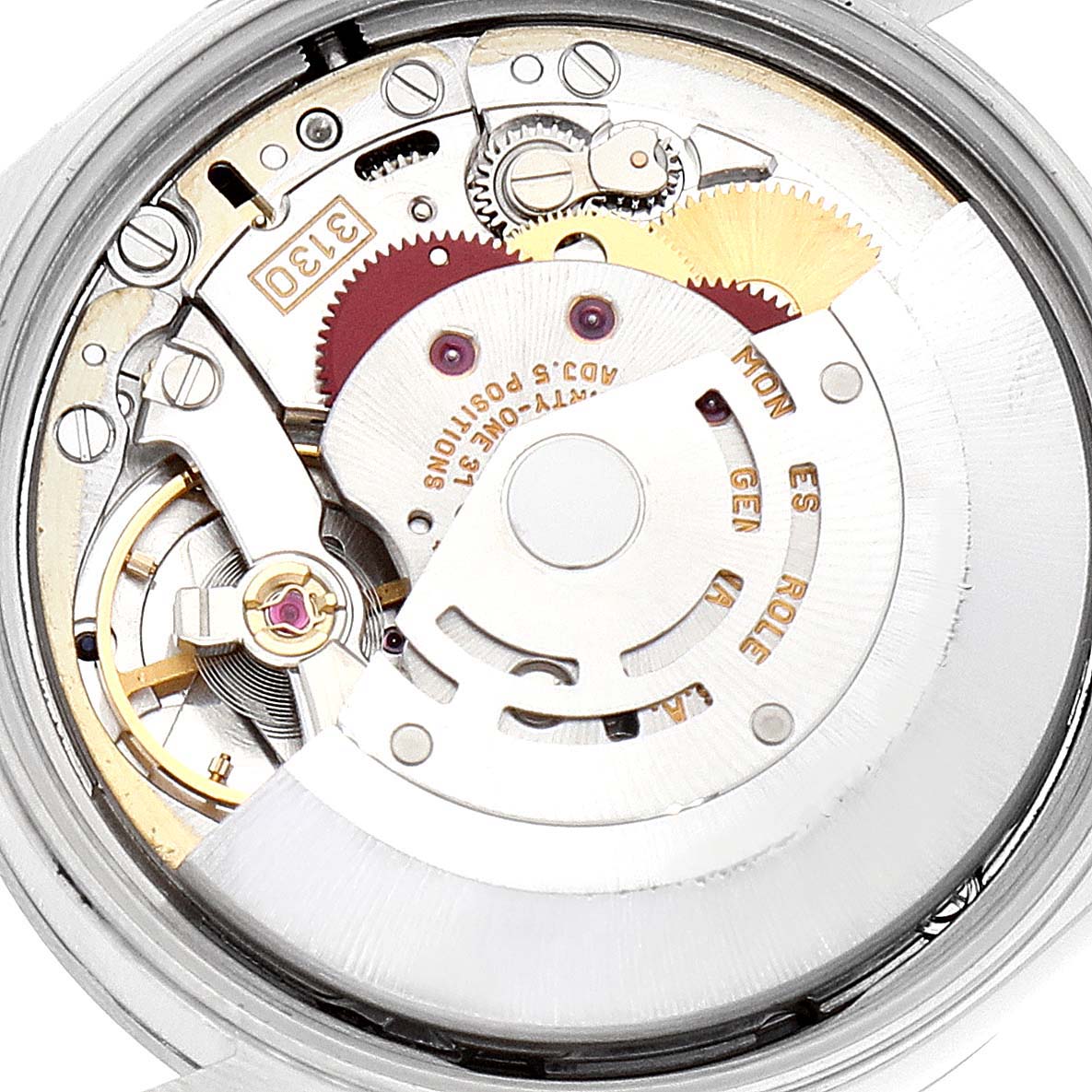The image shows the intricate internal mechanism of a Rolex Air-King 14000 Men's Stainless Steel Black Dial 14000 Men's Stainless Steel Black Dial watch, viewed from the back.