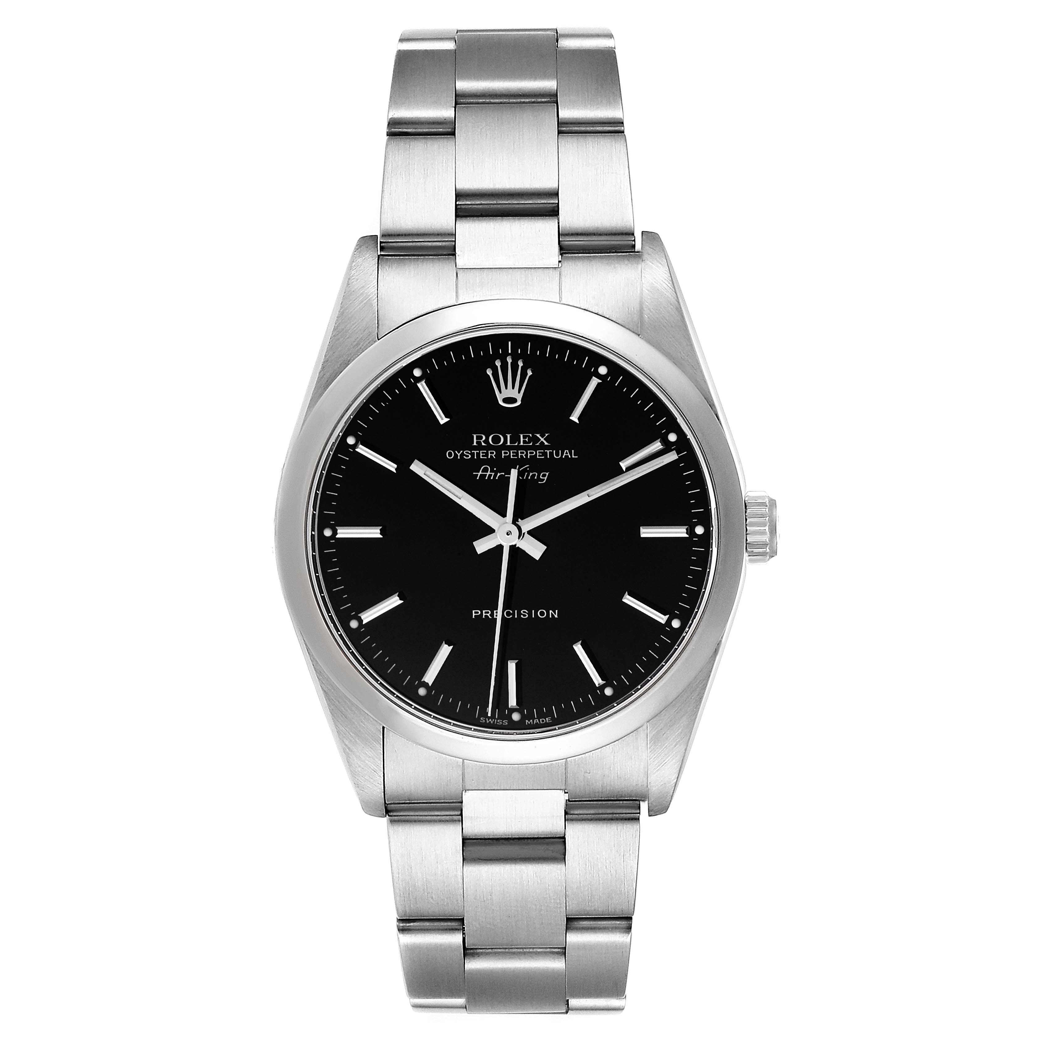 The image shows the Rolex Air-King 14000 Men's Stainless Steel Black Dial 14000 Men's Stainless Steel Black Dial watch from a top-down view, displaying the face, bezel, and bracelet.