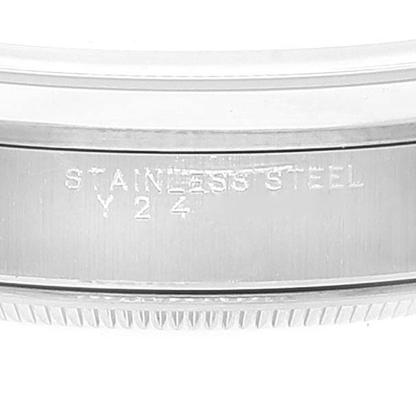The image shows an angled close-up of the case side of a Rolex Air-King 14000 Men's Stainless Steel Black Dial 14000 Men's Stainless Steel Black Dial, featuring the engraved text "STAINLESS STEEL Y 2 4."