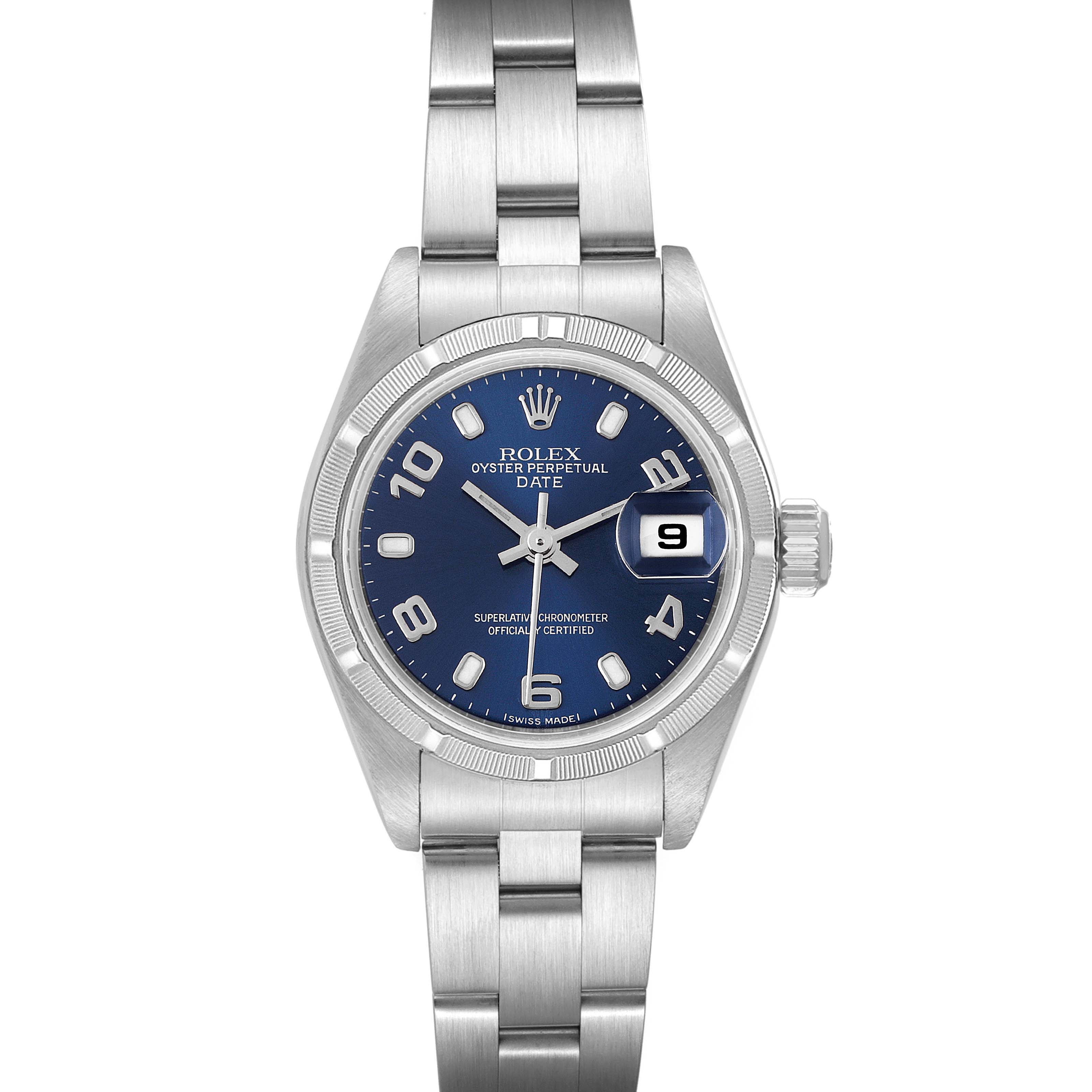 The image shows a front view of the Rolex Date 79190 Women's Stainless Steel Blue Dial 79190 Women's Stainless Steel Blue Dial model watch, highlighting its blue dial, date window, and stainless steel bracelet.