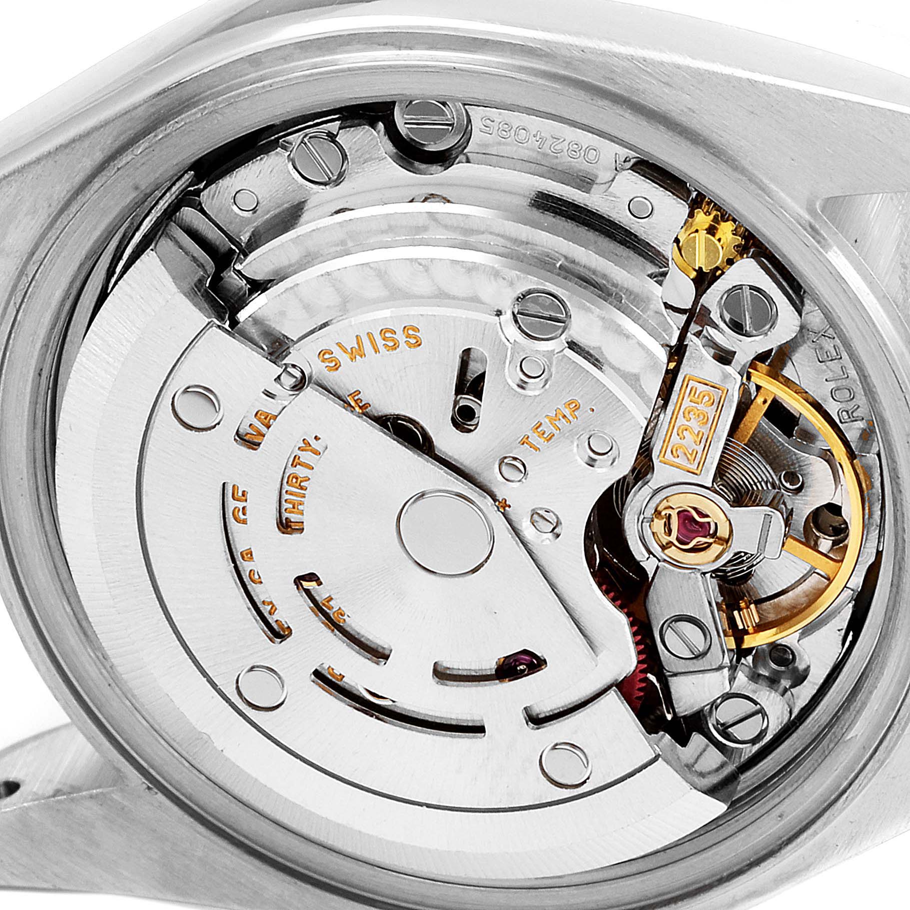 The image shows the internal movement components of a Rolex Date 79190 Women's Stainless Steel Blue Dial 79190 Women's Stainless Steel Blue Dial model watch from an angled view.