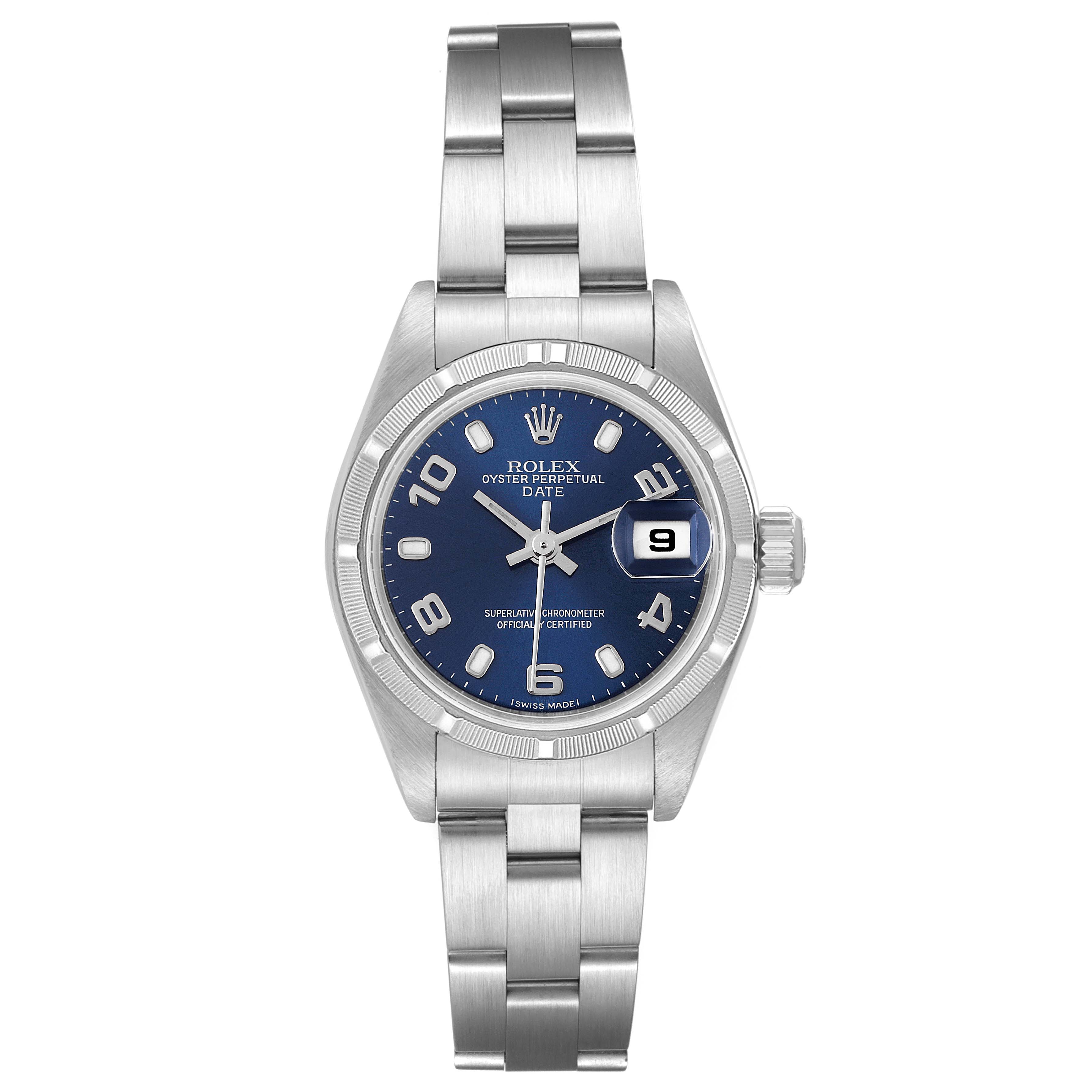 This image shows the front view of a Rolex Oyster Perpetual Date model, displaying the dial, bracelet, and crown.