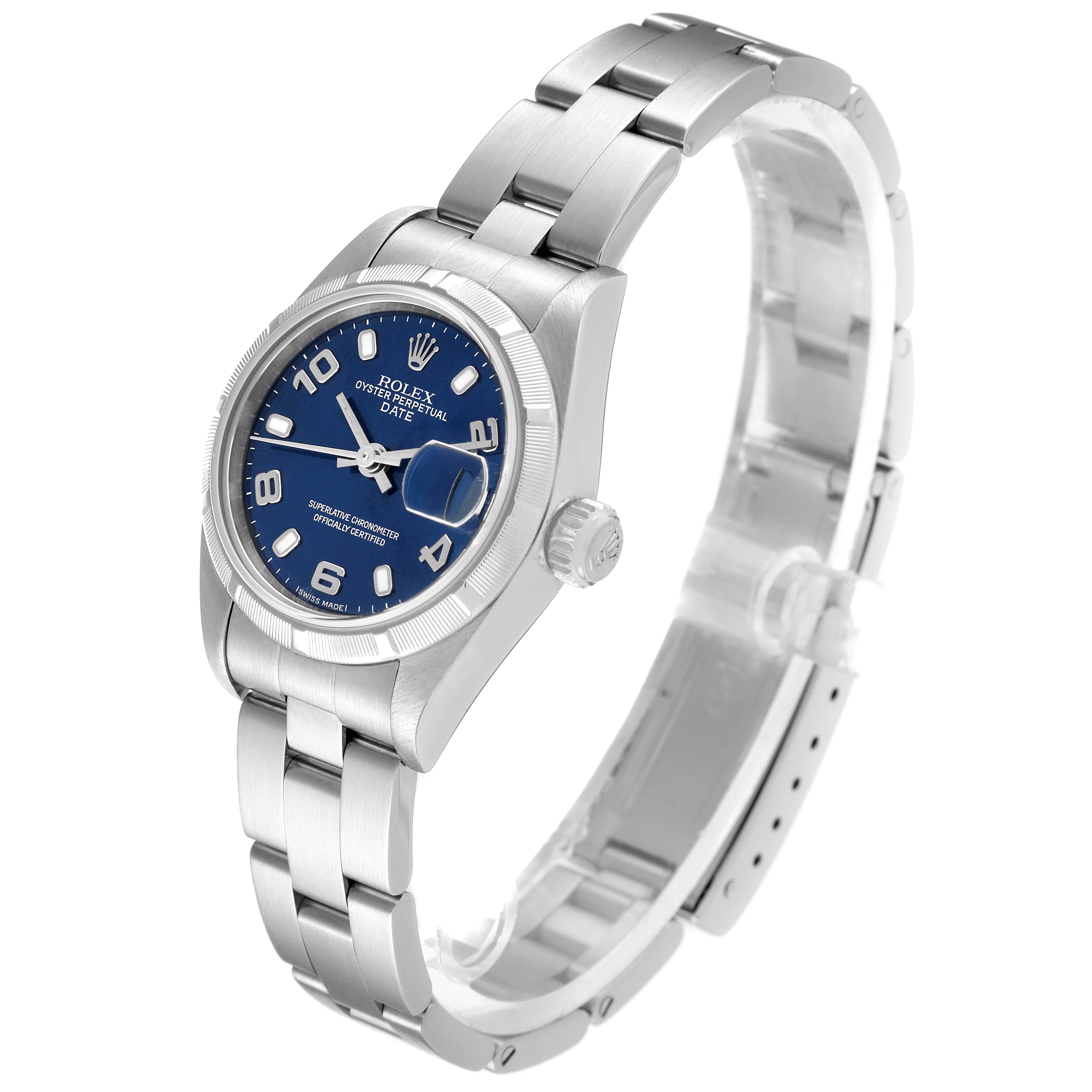 The image shows a Rolex Date 79190 Women's Stainless Steel Blue Dial 79190 Women's Stainless Steel Blue Dial model watch at an angled view, highlighting the bracelet, dial, bezel, and crown.