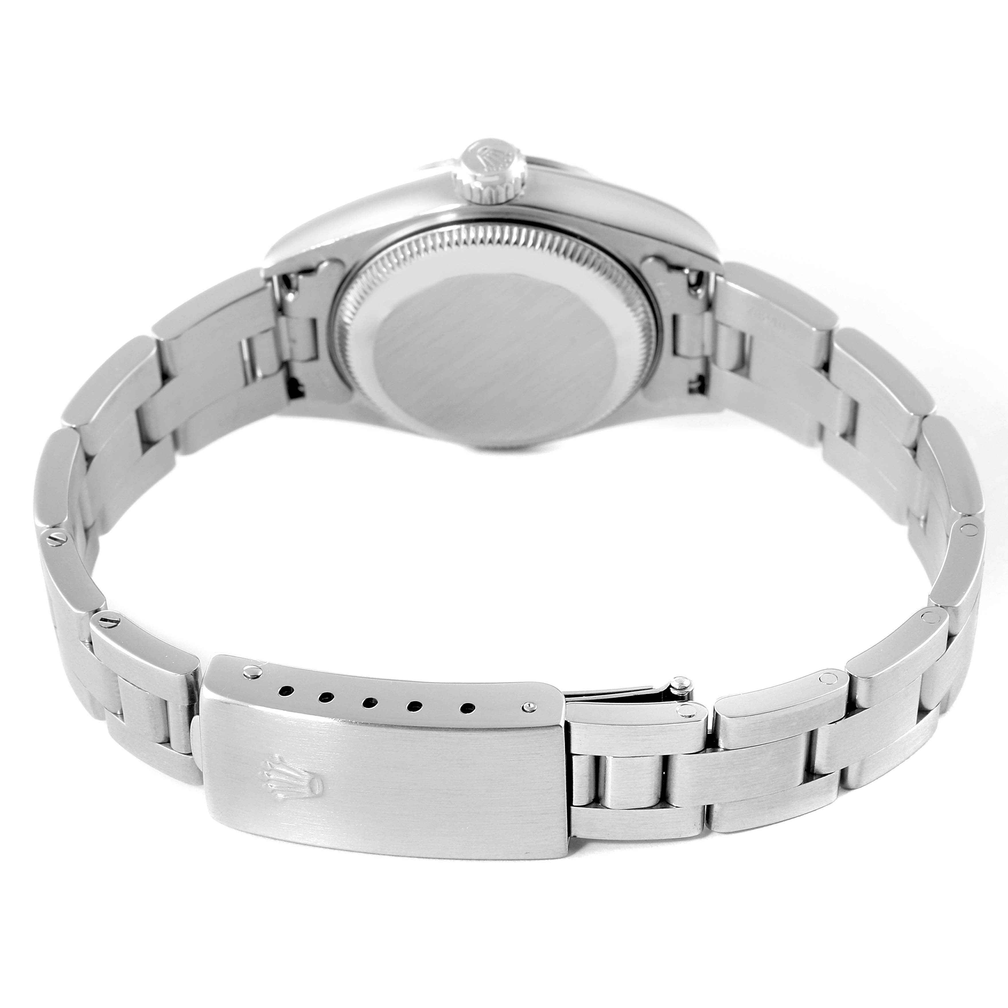 The image shows the back case, crown, and bracelet clasp of a Rolex Date 79190 Women's Stainless Steel Blue Dial 79190 Women's Stainless Steel Blue Dial model watch from a back-angle view.