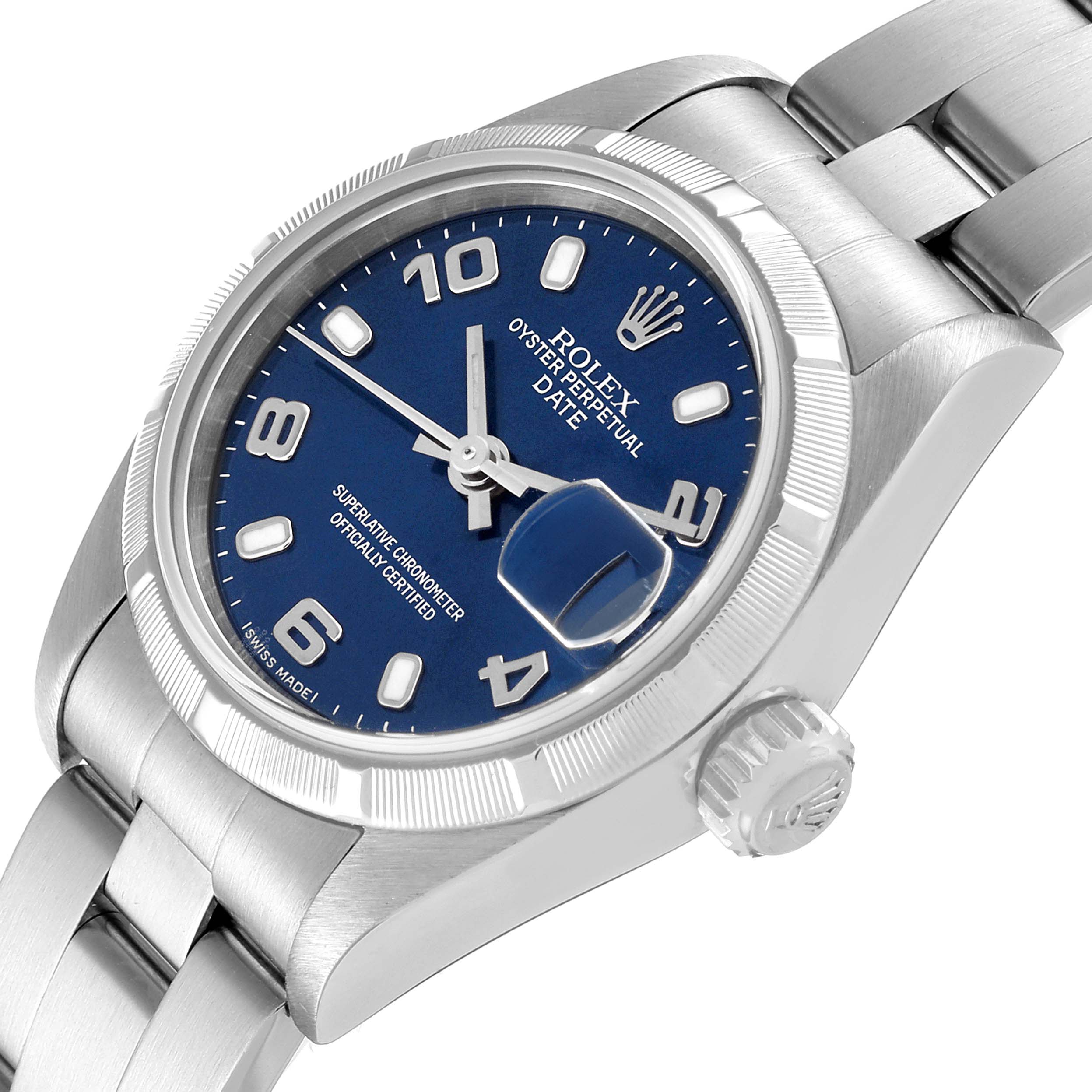 The image shows a close-up angle of the Rolex Date 79190 Women's Stainless Steel Blue Dial 79190 Women's Stainless Steel Blue Dial model, highlighting the dial, bezel, crown, and part of the bracelet.