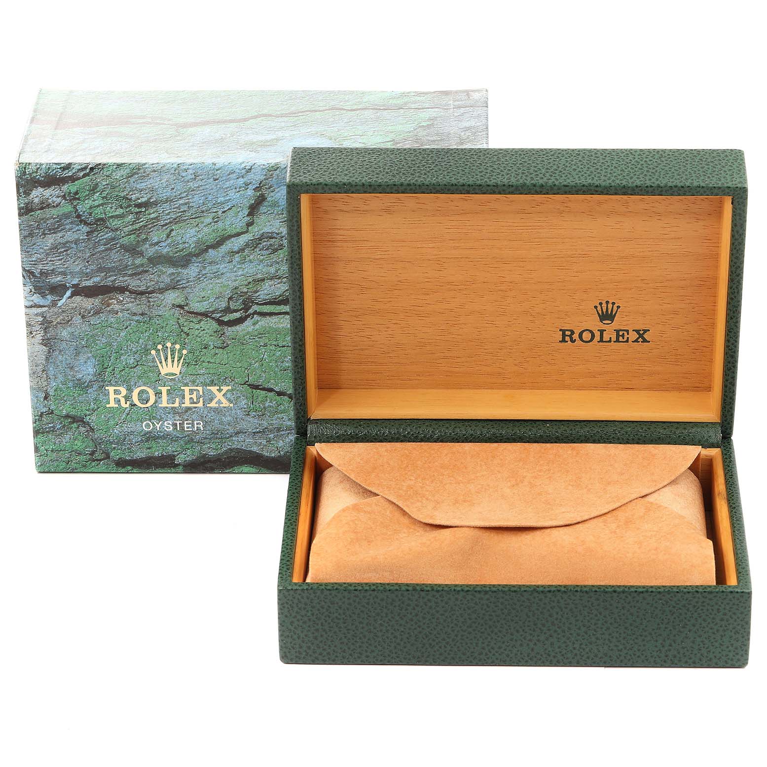 The image shows the packaging and watch case for a Rolex Date 15210 Men's Stainless Steel Blue Dial 15210 Men's Stainless Steel Blue Dial model, including an outer box and a green and wooden inner box.