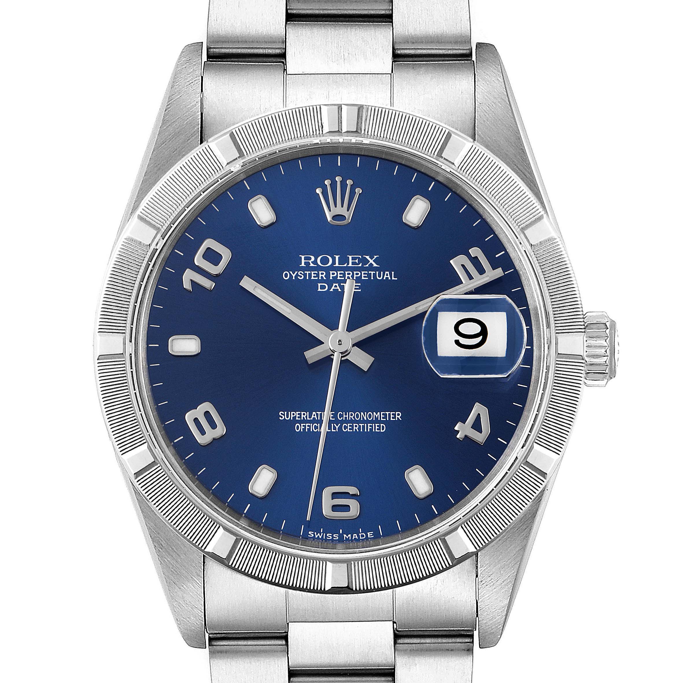 This image shows a Rolex Date 15210 Men's Stainless Steel Blue Dial 15210 Men's Stainless Steel Blue Dial model watch from a frontal angle, highlighting the blue dial, date display, and metal bracelet.