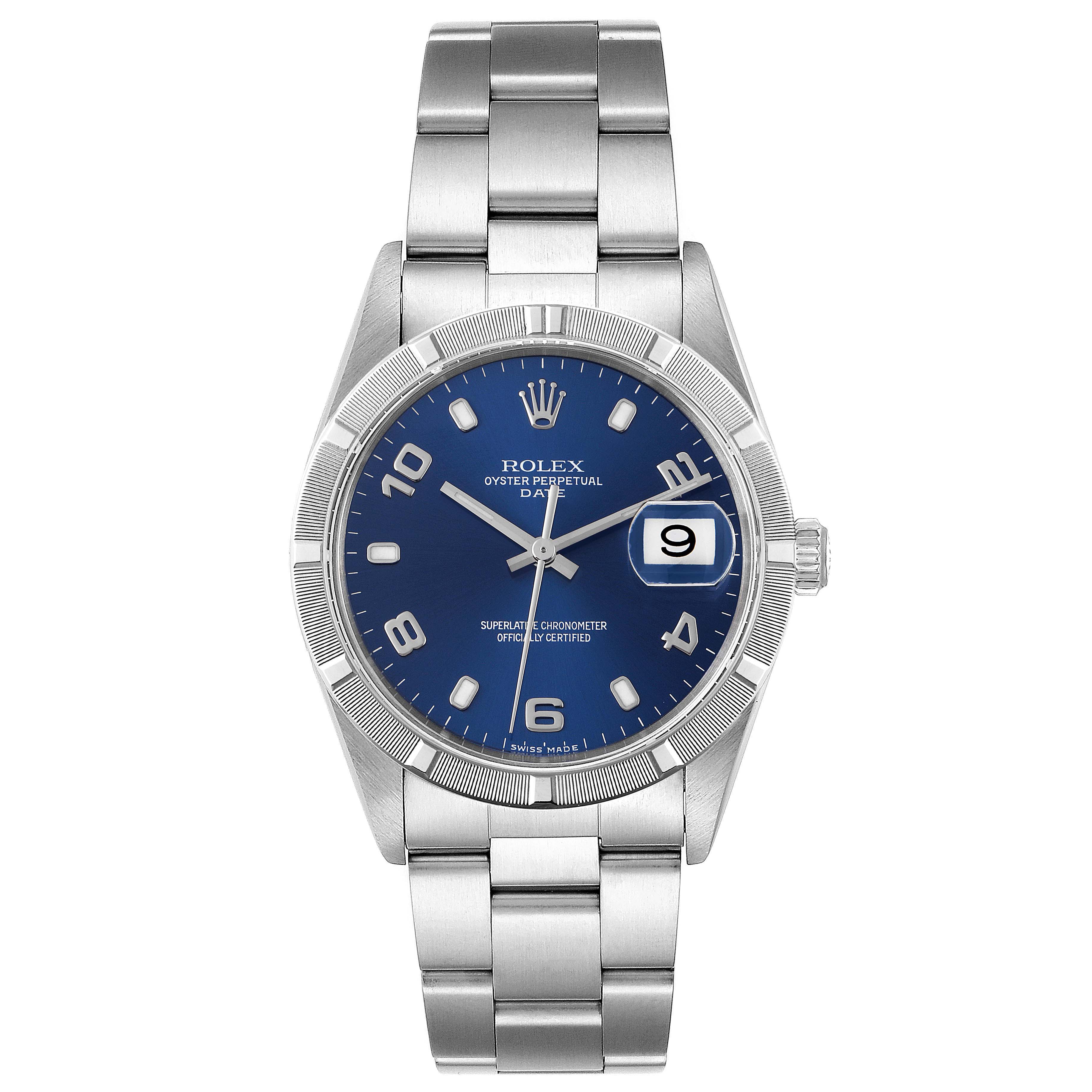 This image shows a front view of a Rolex Date 15210 Men's Stainless Steel Blue Dial 15210 Men's Stainless Steel Blue Dial model watch, highlighting the blue dial, stainless steel bracelet, and date window.