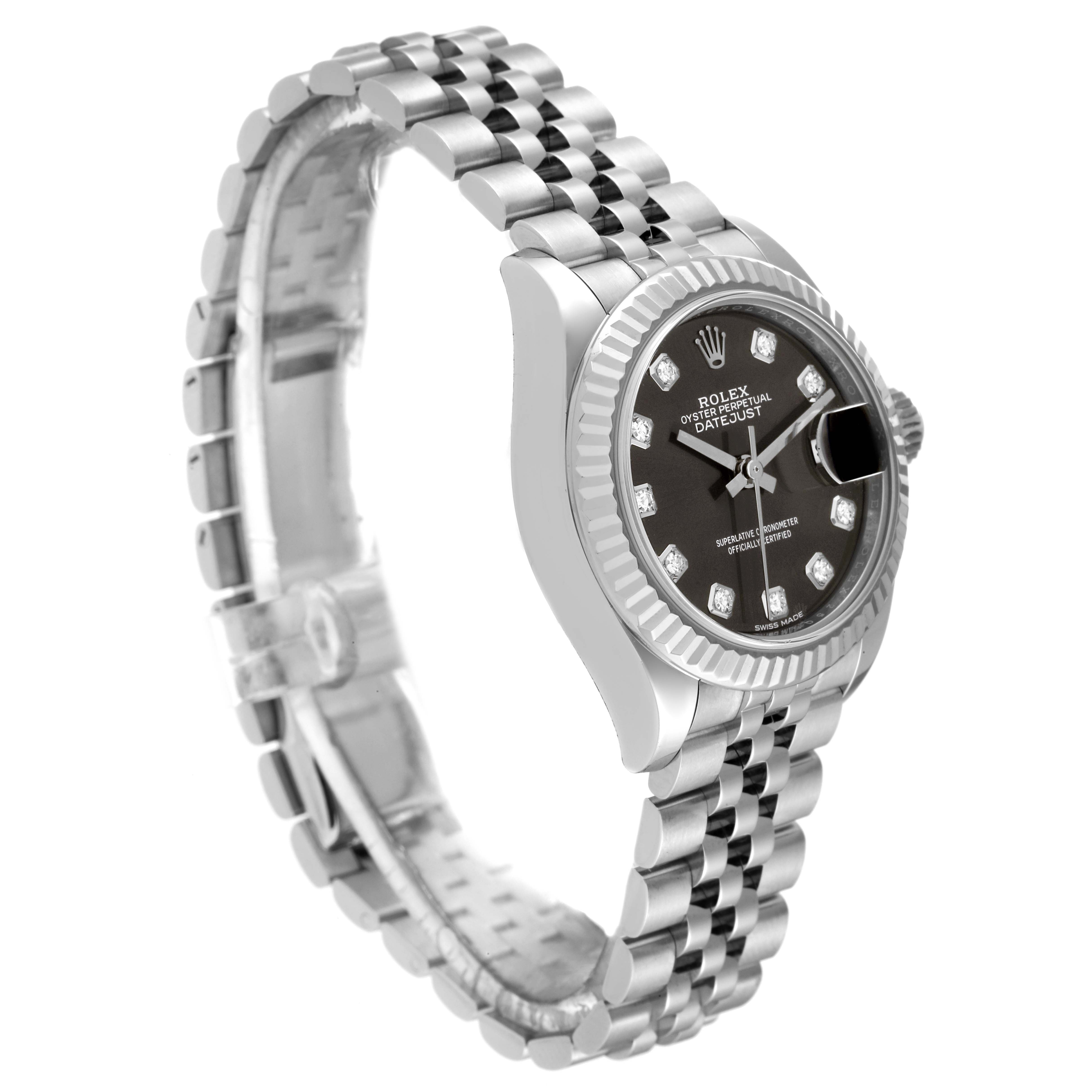 The image shows a Rolex Datejust 279174 Women's Stainless Steel Grey Dial 279174 Women's Stainless Steel Grey Dial watch at a three-quarter angle, displaying its bezel, face, and part of the bracelet.