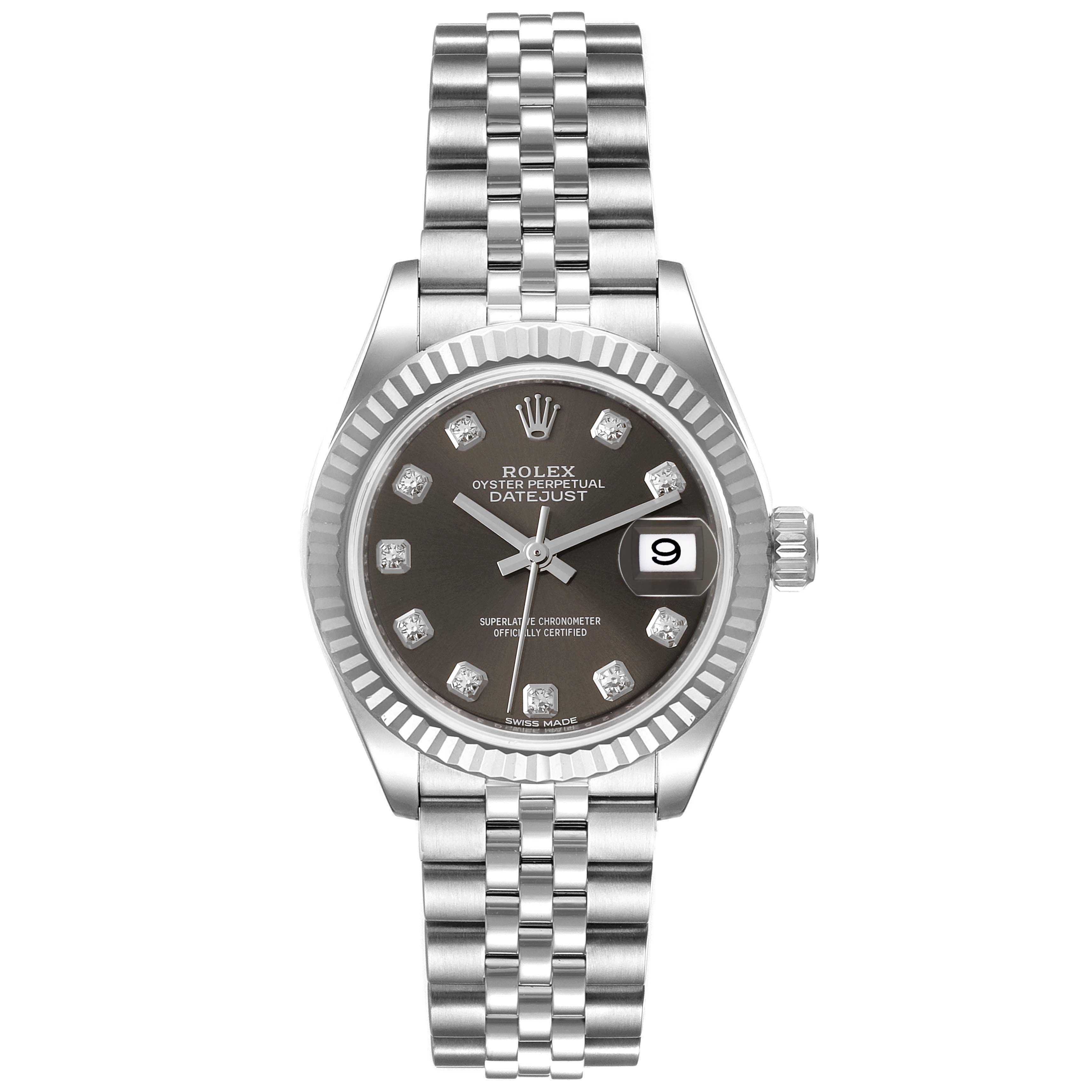 The image shows a top-down view of a Rolex Datejust 279174 Women's Stainless Steel Grey Dial 279174 Women's Stainless Steel Grey Dial watch, featuring its face, bezel, crown, and bracelet.