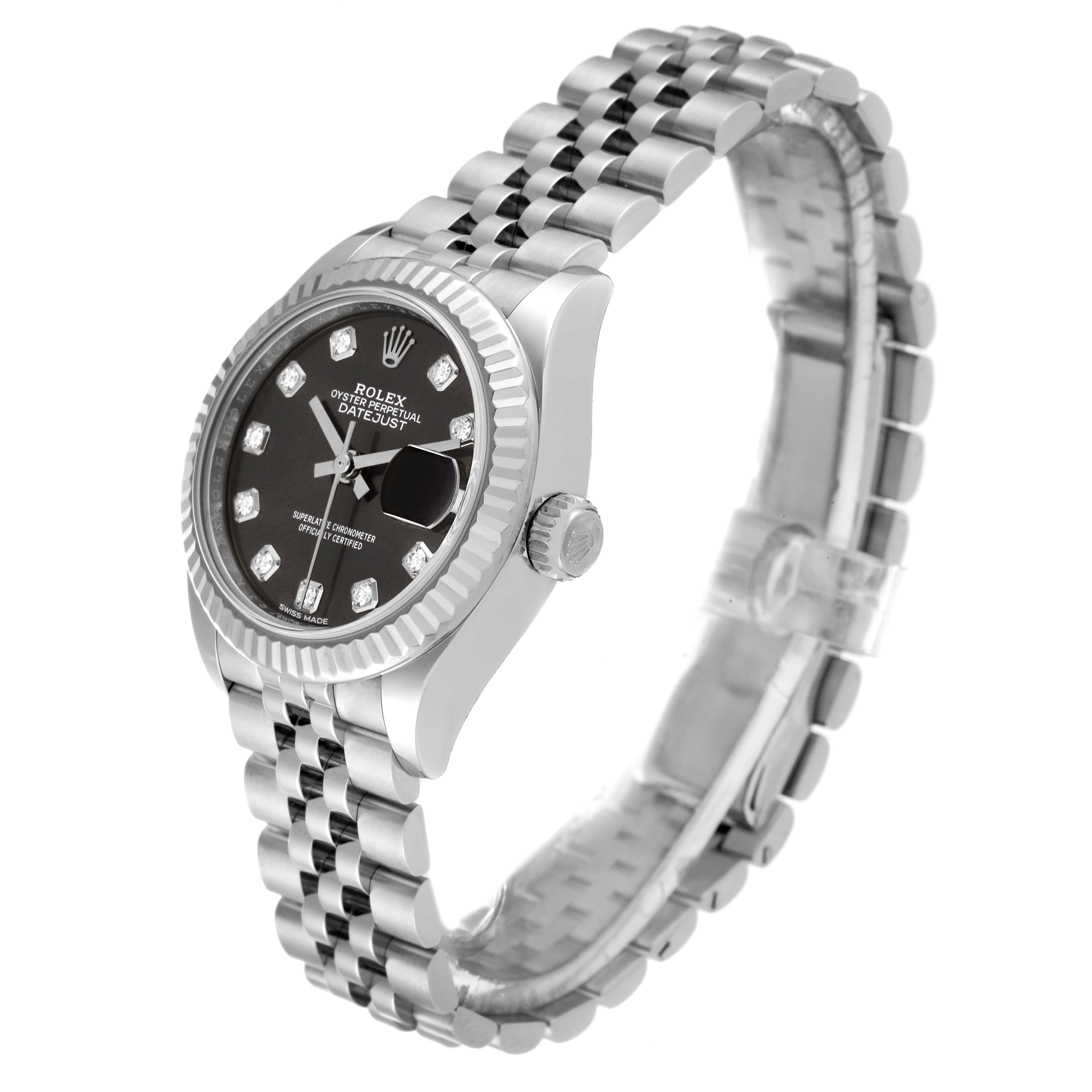 The Rolex Datejust 279174 Women's Stainless Steel Grey Dial 279174 Women's Stainless Steel Grey Dial watch is shown at a three-quarter angle, highlighting the face, bezel, crown, and Jubilee bracelet.