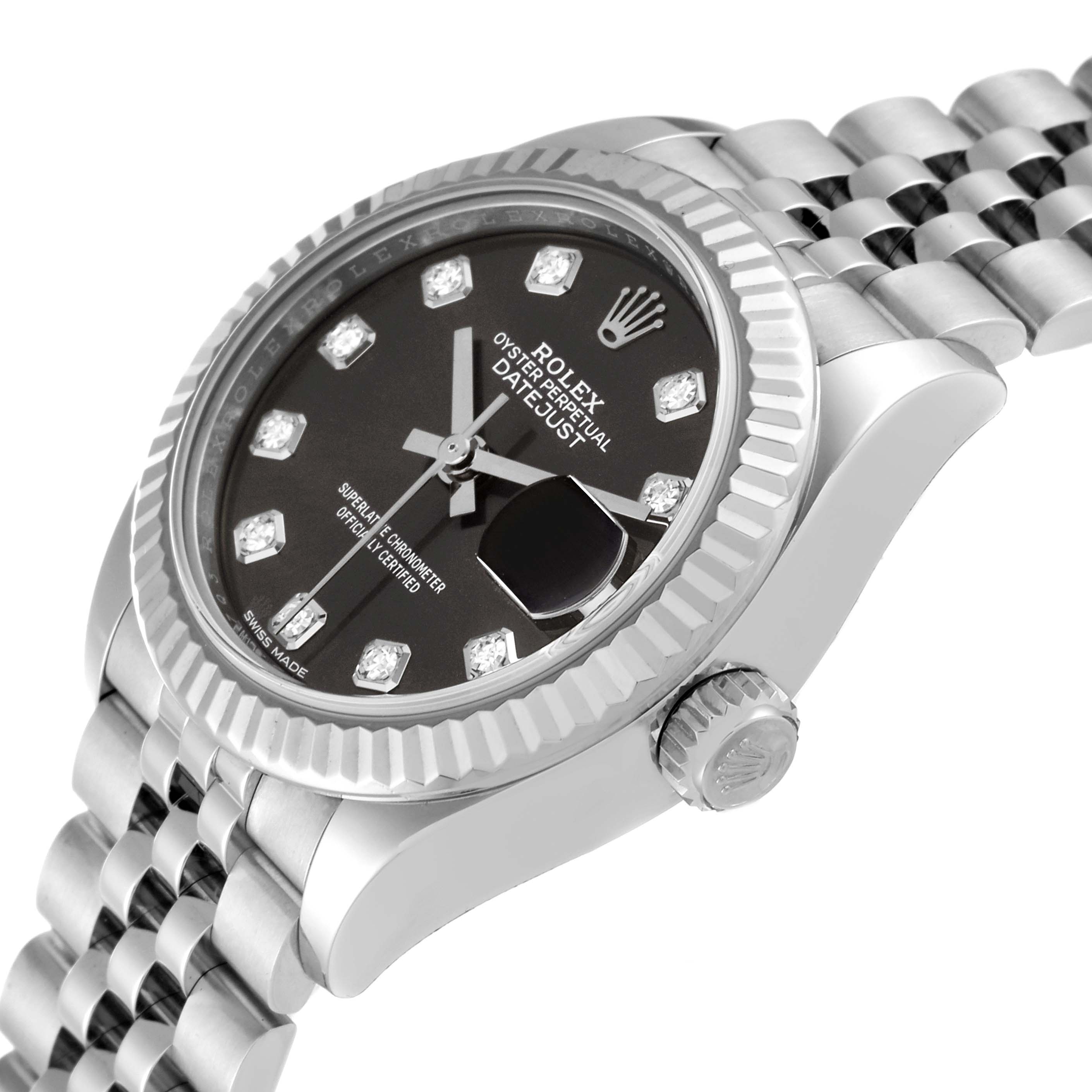 The image shows a close-up view of the Rolex Datejust 279174 Women's Stainless Steel Grey Dial 279174 Women's Stainless Steel Grey Dial watch, highlighting the face, bezel, crown, and part of the bracelet.