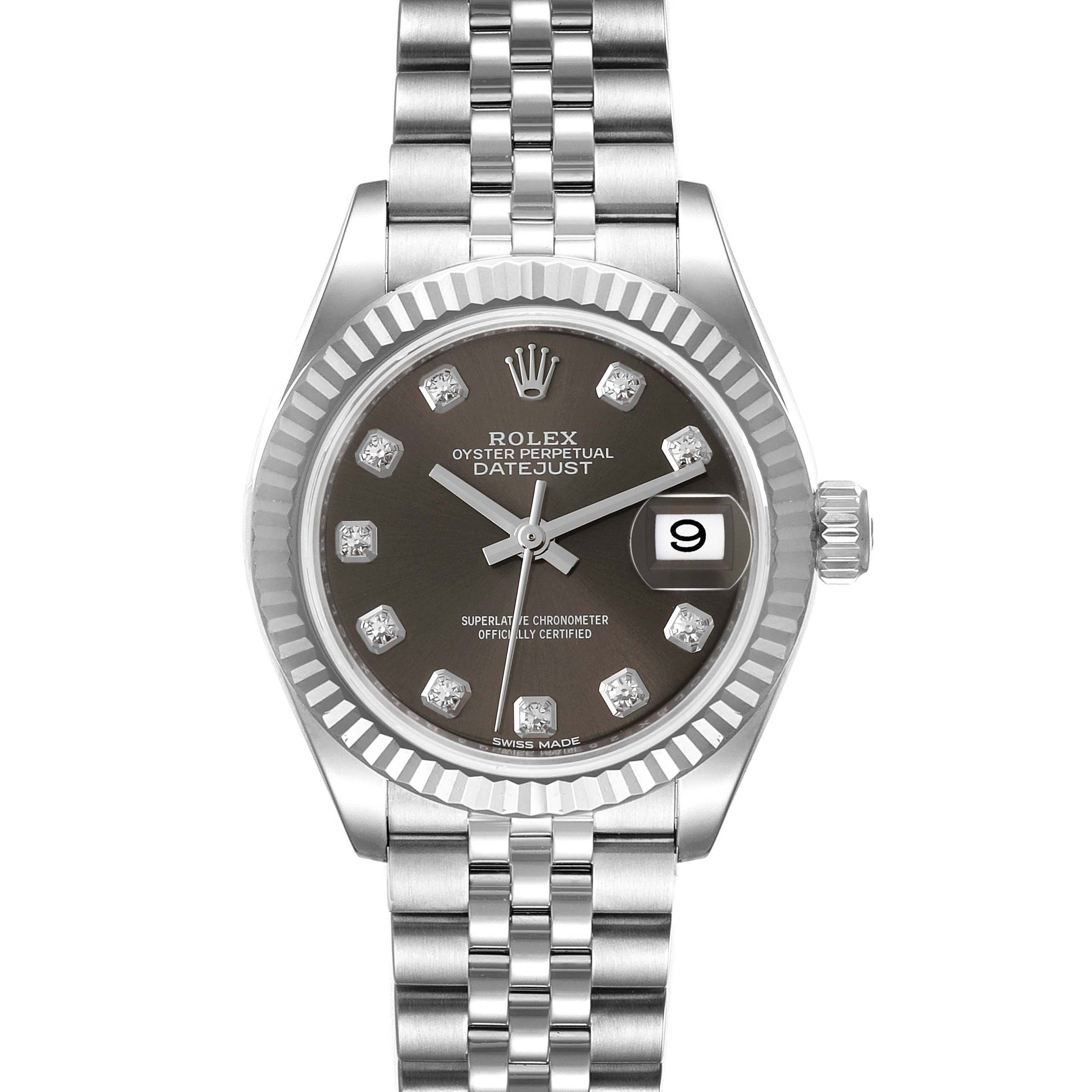 The image shows a front view of a Rolex Datejust 279174 Women's Stainless Steel Grey Dial 279174 Women's Stainless Steel Grey Dial watch, highlighting its dial, bezel, and bracelet.