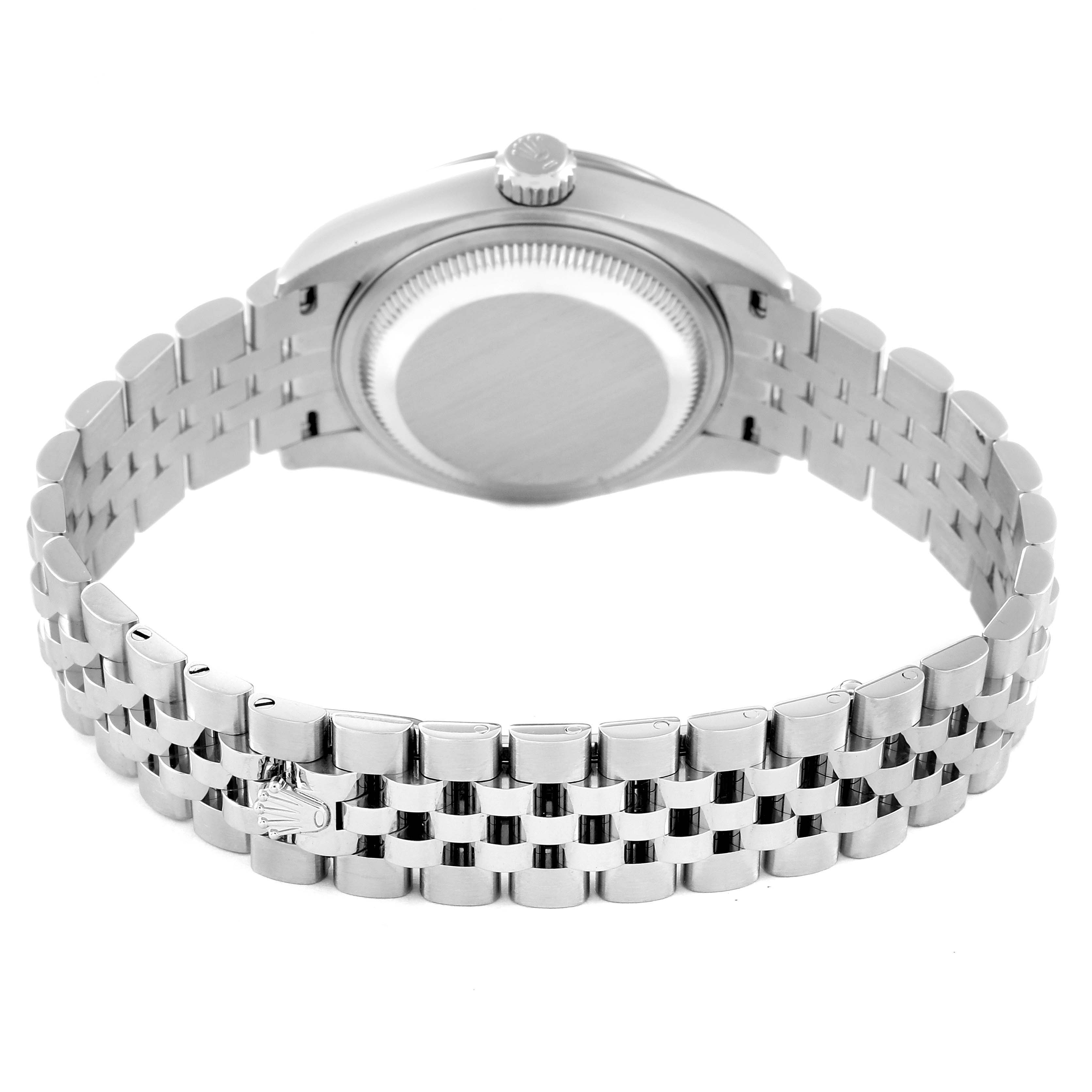 This image shows the Rolex Datejust 279174 Women's Stainless Steel Grey Dial 279174 Women's Stainless Steel Grey Dial watch from the back, highlighting the case back, crown, and metal bracelet.