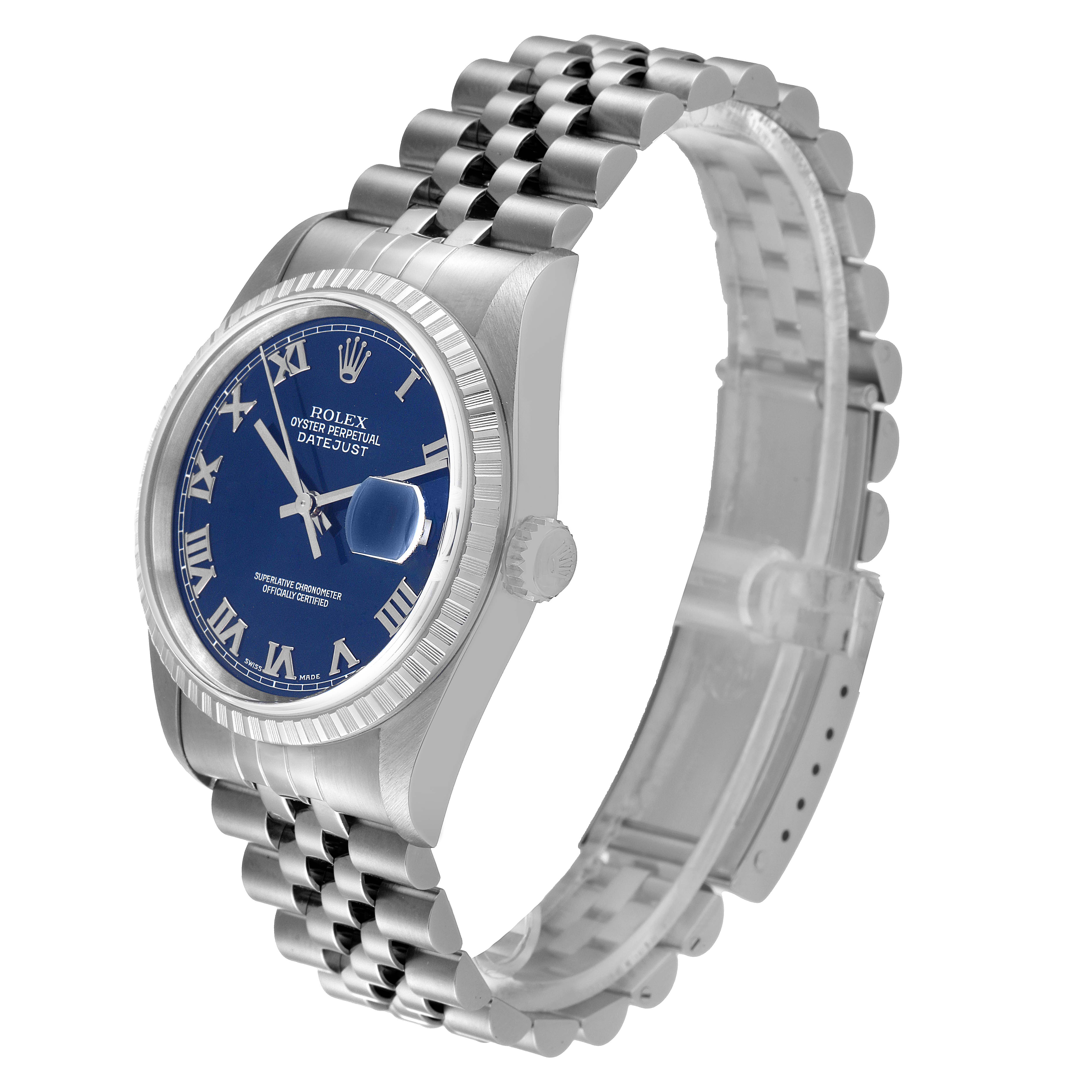 The image shows a Rolex Datejust 16220 Men's Stainless Steel Blue Dial 16220 Men's Stainless Steel Blue Dial watch at an angled side view, displaying its blue dial, fluted bezel, and jubilee bracelet.