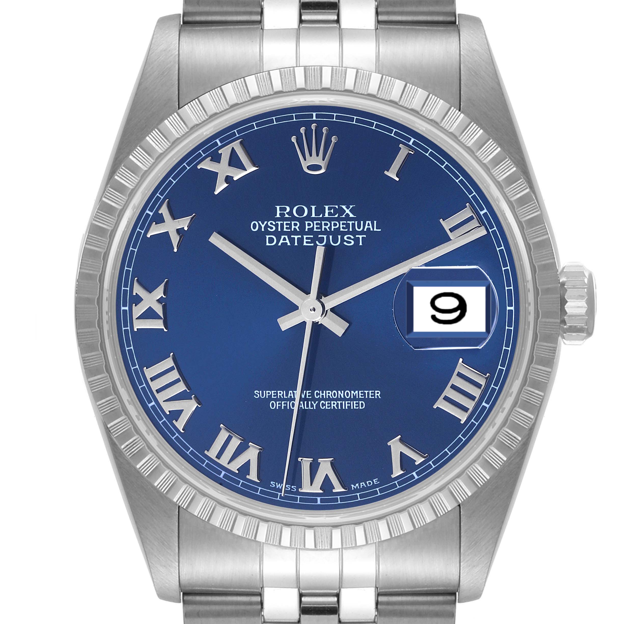 The image shows a front view of a Rolex Datejust 16220 Men's Stainless Steel Blue Dial 16220 Men's Stainless Steel Blue Dial watch, highlighting its blue dial, Roman numerals, and date window.