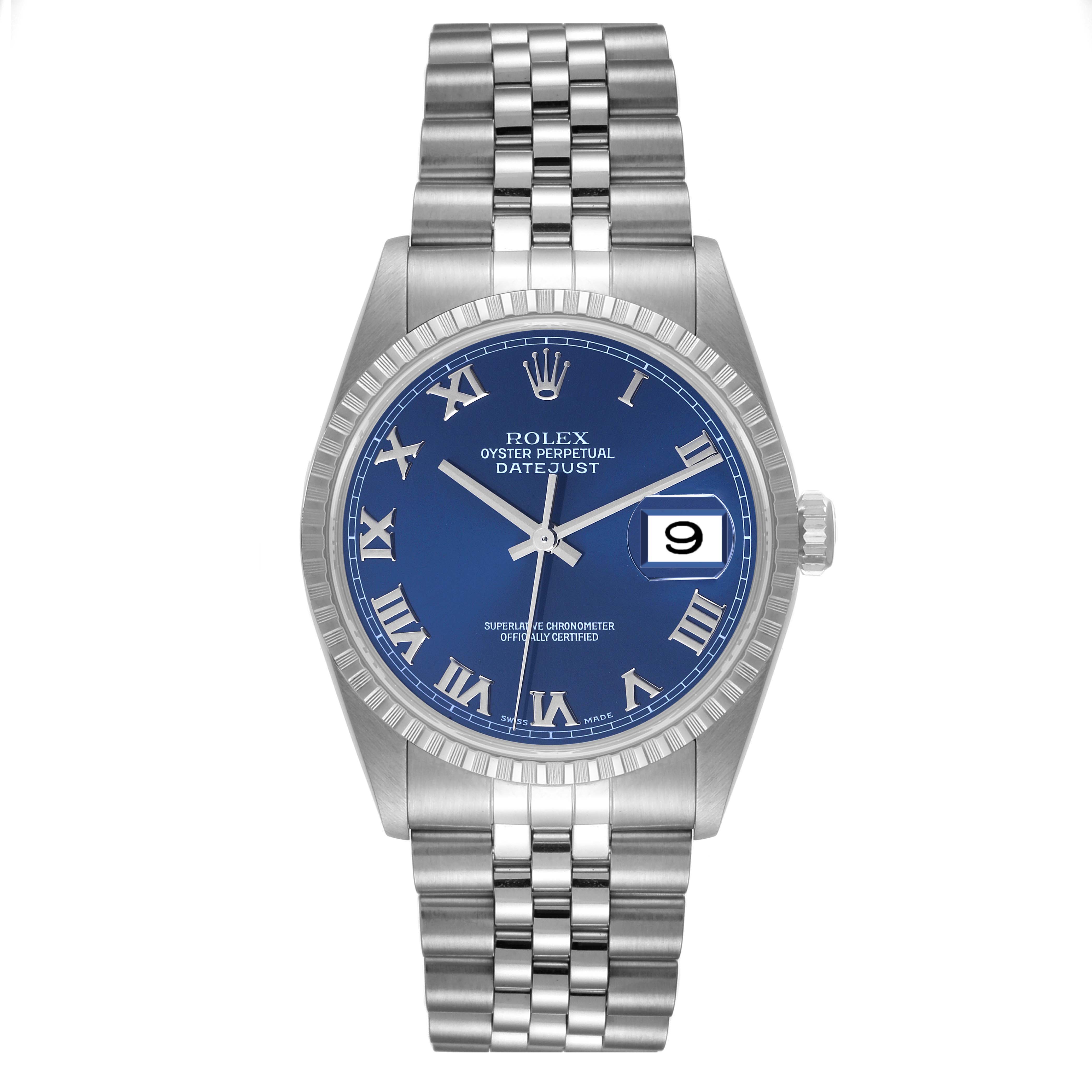 This image shows a Rolex Datejust 16220 Men's Stainless Steel Blue Dial 16220 Men's Stainless Steel Blue Dial watch from a front angle, displaying the dial, case, bracelet, and date window at 3 o'clock.