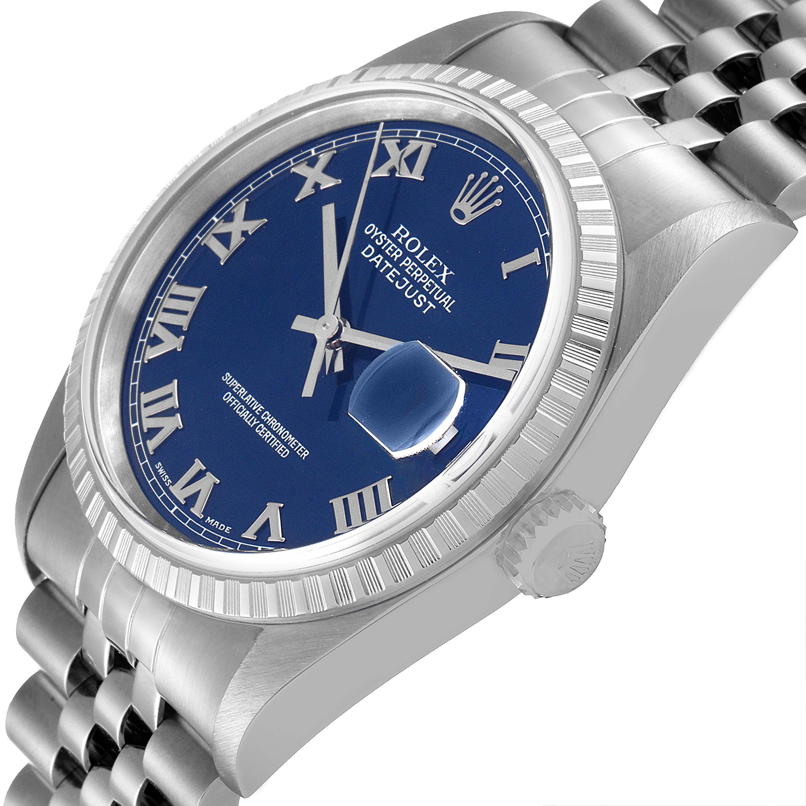 The image shows a Rolex Datejust 16220 Men's Stainless Steel Blue Dial 16220 Men's Stainless Steel Blue Dial watch at a slight side angle, featuring its blue dial, Roman numerals, fluted bezel, and jubilee bracelet.
