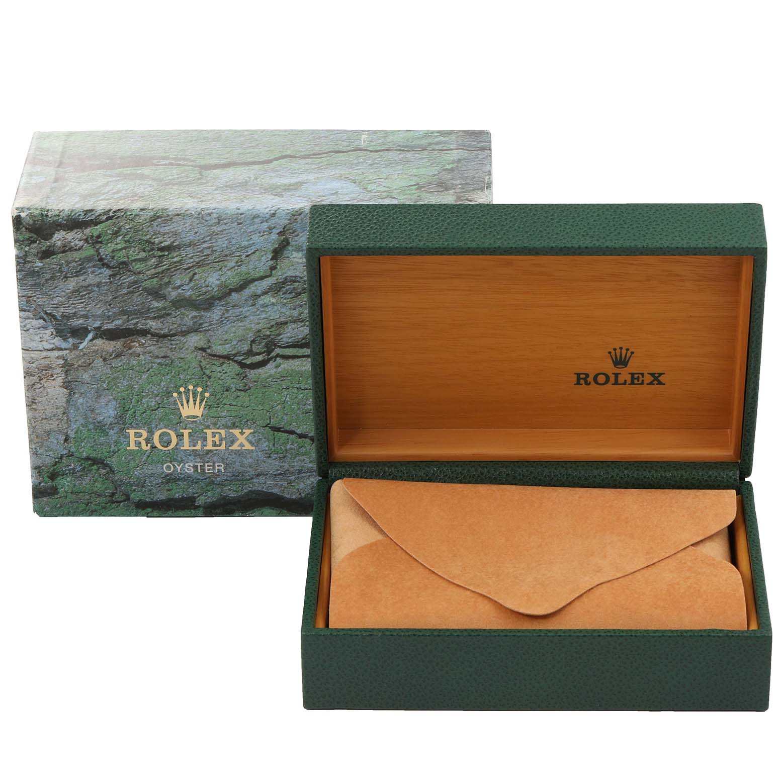 The image shows the box and leather pouch for a Rolex Datejust 16220 Men's Stainless Steel Blue Dial 16220 Men's Stainless Steel Blue Dial watch, with the box lid open.