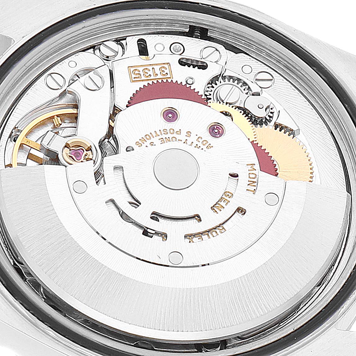 The image shows a close-up view of the movement mechanism of a Rolex Datejust 16220 Men's Stainless Steel Blue Dial 16220 Men's Stainless Steel Blue Dial watch.