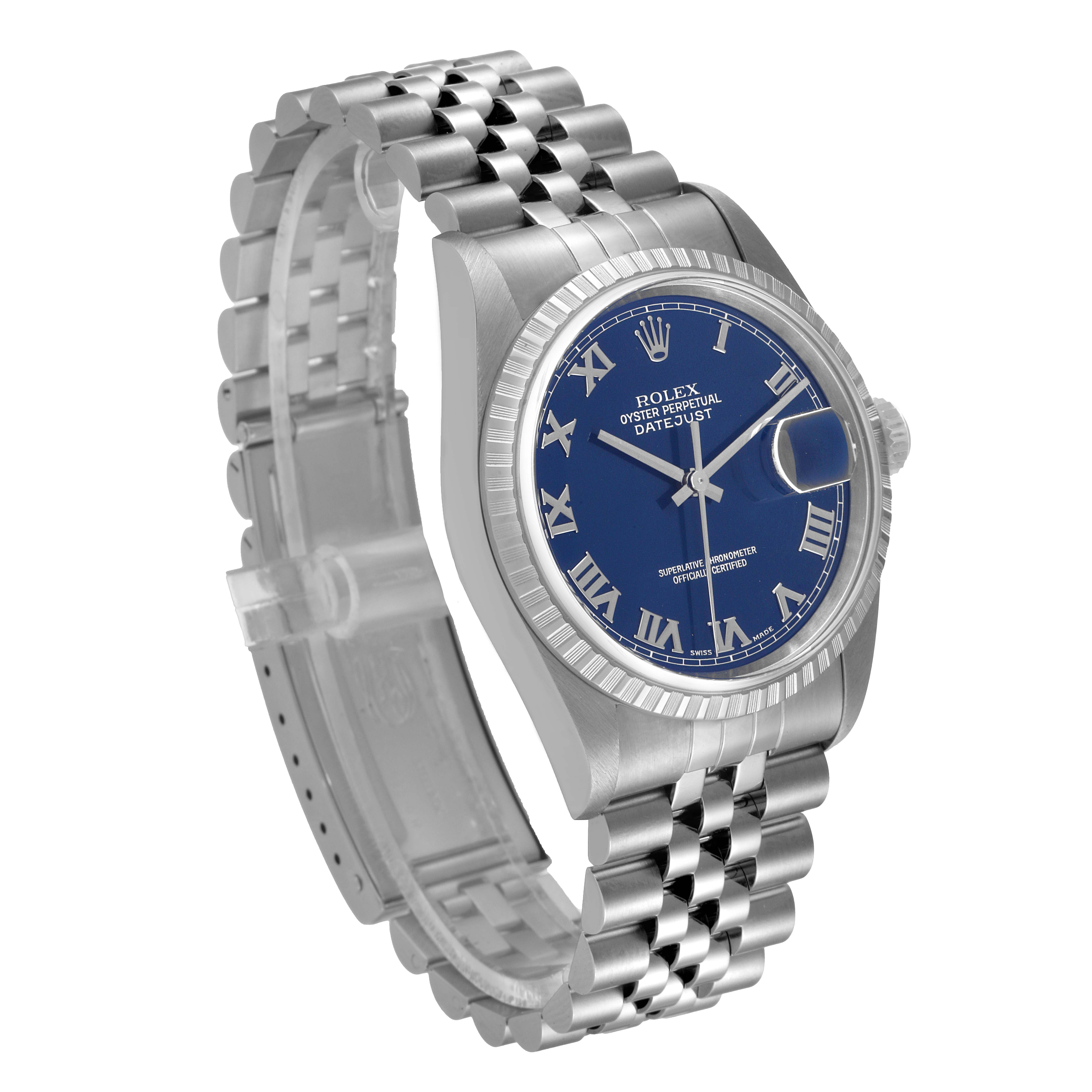 This Rolex Datejust 16220 Men's Stainless Steel Blue Dial 16220 Men's Stainless Steel Blue Dial watch is shown at a slight angle, highlighting its blue dial, stainless steel case, and Jubilee bracelet.