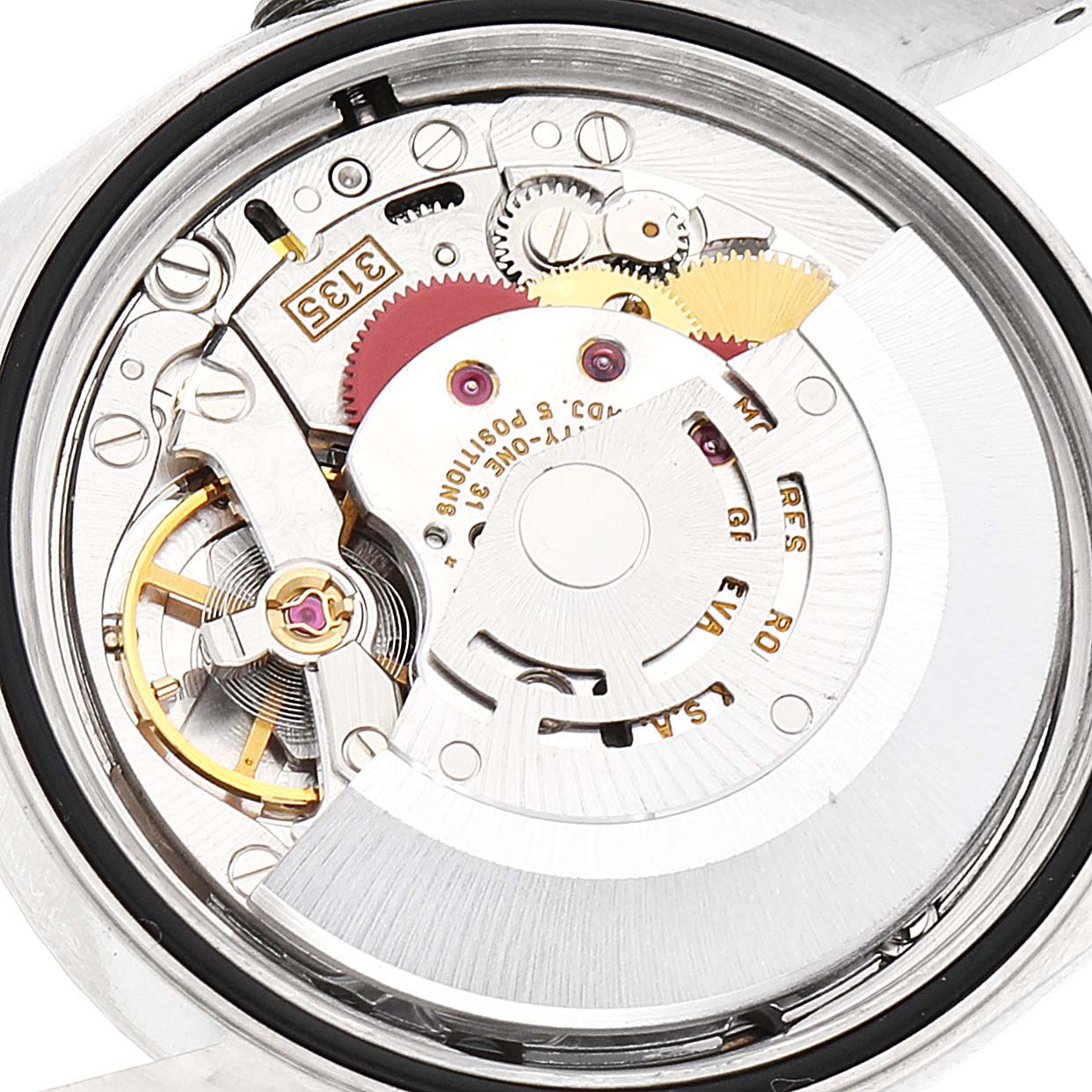 This image shows the internal mechanical movement of a Rolex Datejust 16220 Men's Stainless Steel Blue Dial 16220 Men's Stainless Steel Blue Dial watch from a close-up angle.