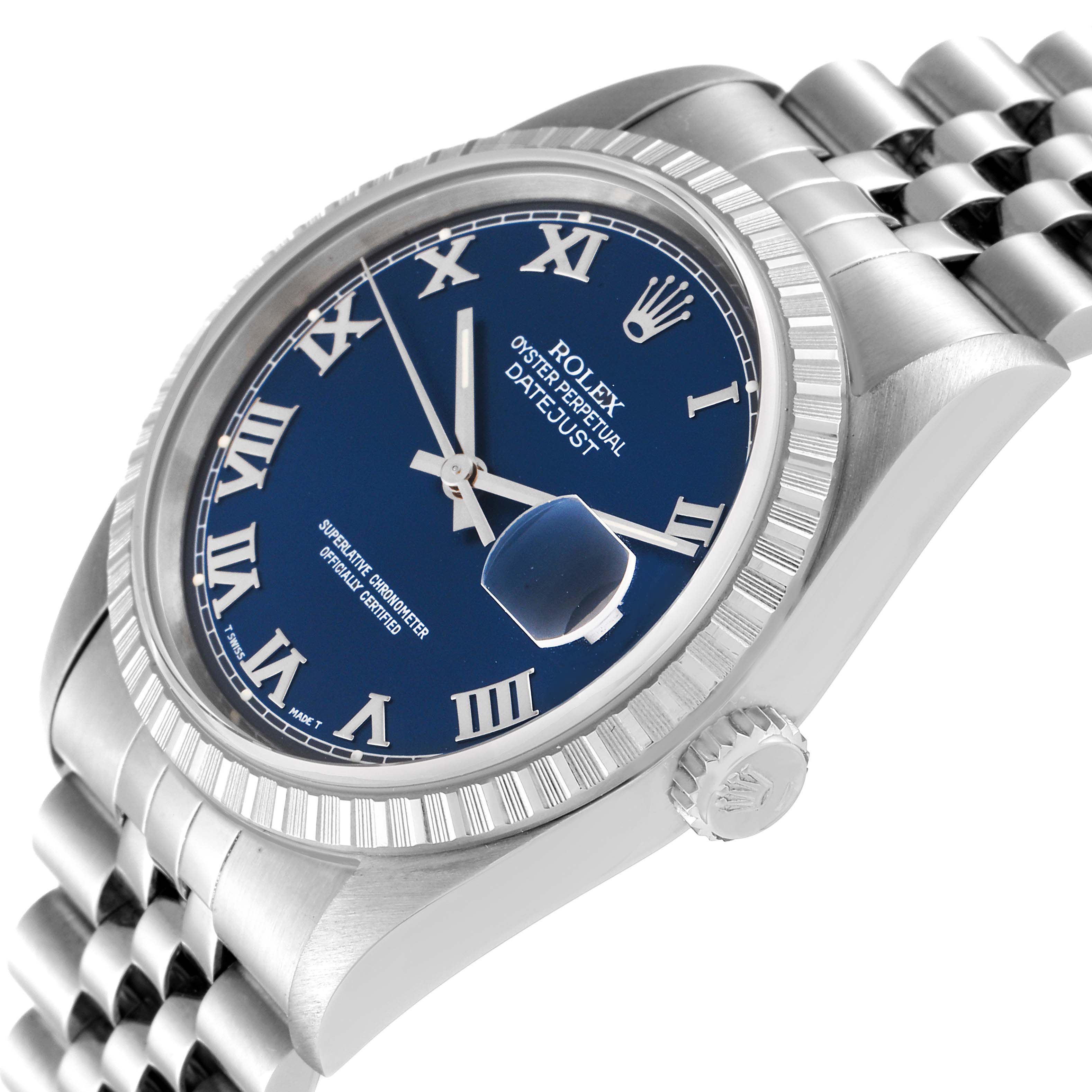 This image shows a Rolex Datejust 16220 Men's Stainless Steel Blue Dial 16220 Men's Stainless Steel Blue Dial watch at an angle, highlighting the dial, bezel, crown, and part of the bracelet.
