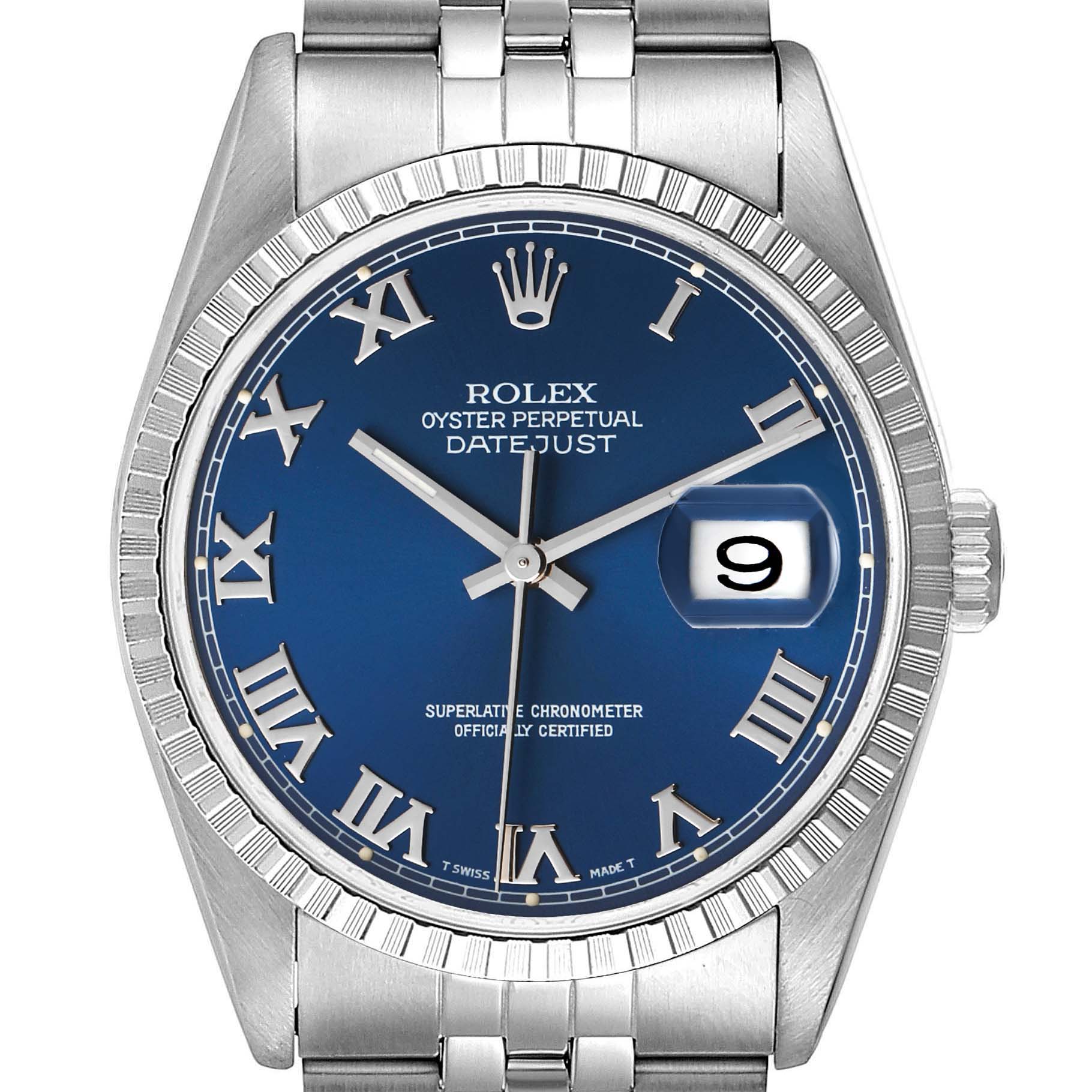This image shows a frontal view of a Rolex Datejust 16220 Men's Stainless Steel Blue Dial 16220 Men's Stainless Steel Blue Dial watch featuring a blue dial, Roman numerals, and date display.