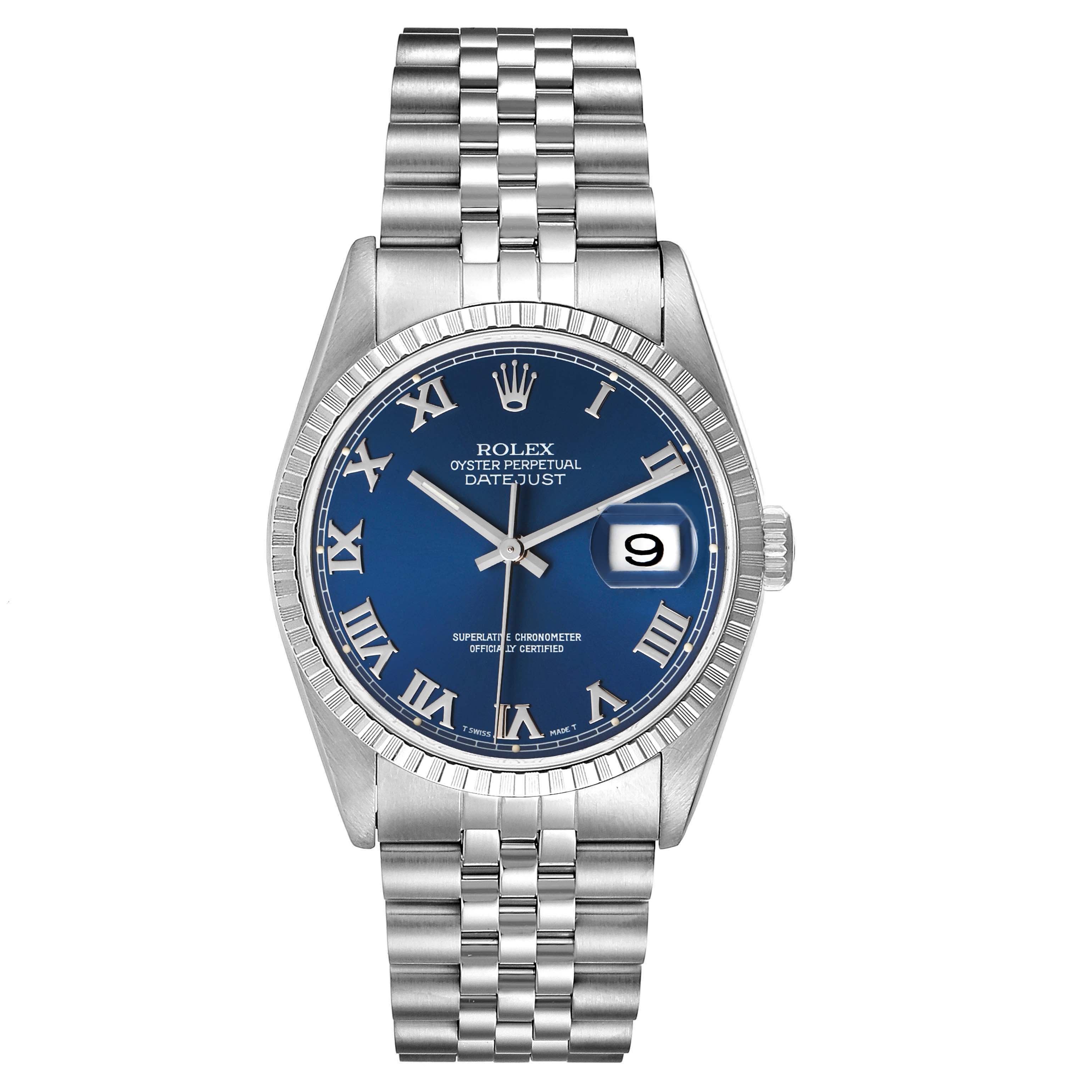 The image shows a front view of a Rolex Datejust 16220 Men's Stainless Steel Blue Dial 16220 Men's Stainless Steel Blue Dial watch with a blue dial and a stainless steel Jubilee bracelet.