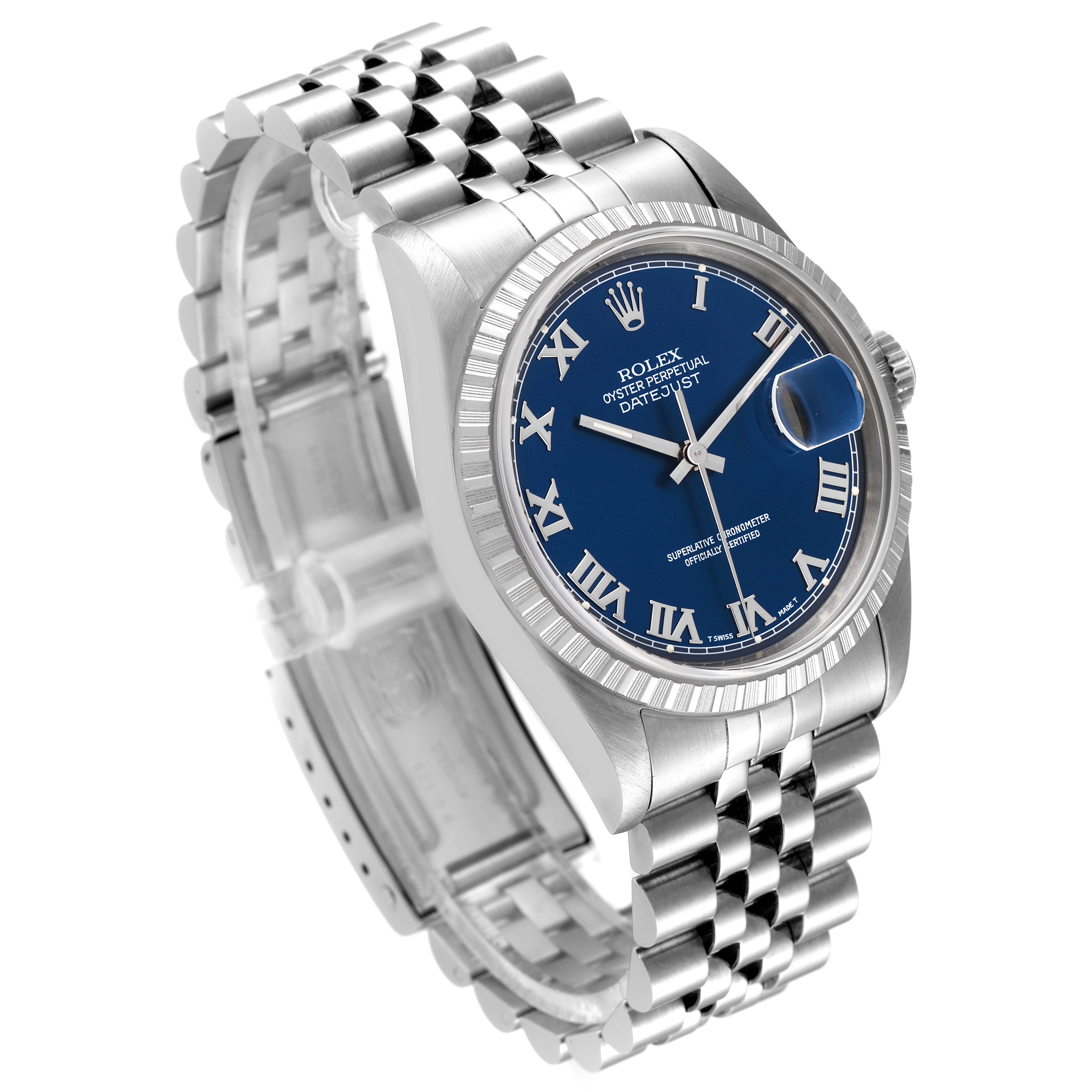 The image shows a Rolex Datejust 16220 Men's Stainless Steel Blue Dial 16220 Men's Stainless Steel Blue Dial watch at an angled view, highlighting its blue dial, fluted bezel, and jubilee bracelet.