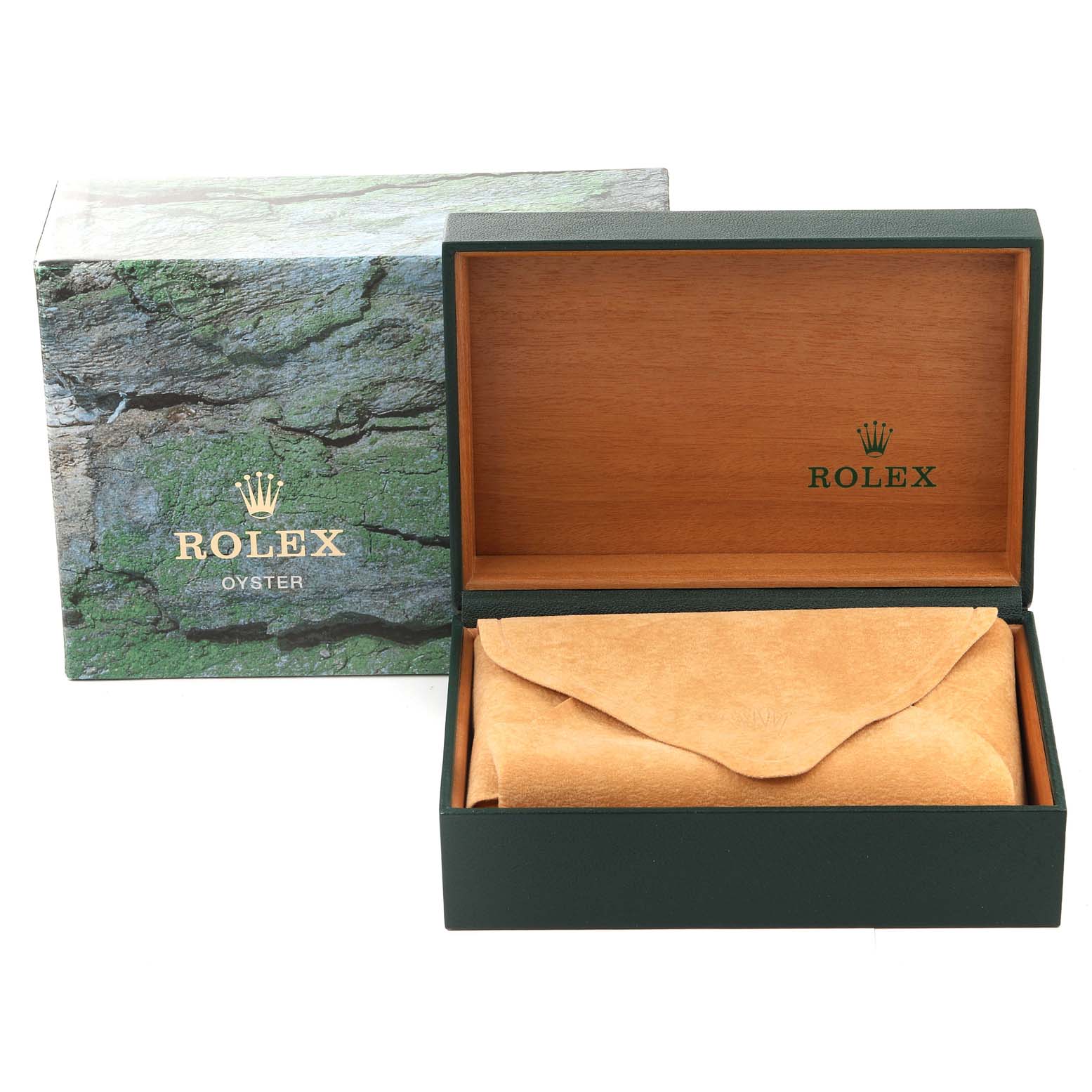 The image shows the packaging for a Rolex Datejust 16220 Men's Stainless Steel Blue Dial 16220 Men's Stainless Steel Blue Dial, featuring the box and suede pouch.