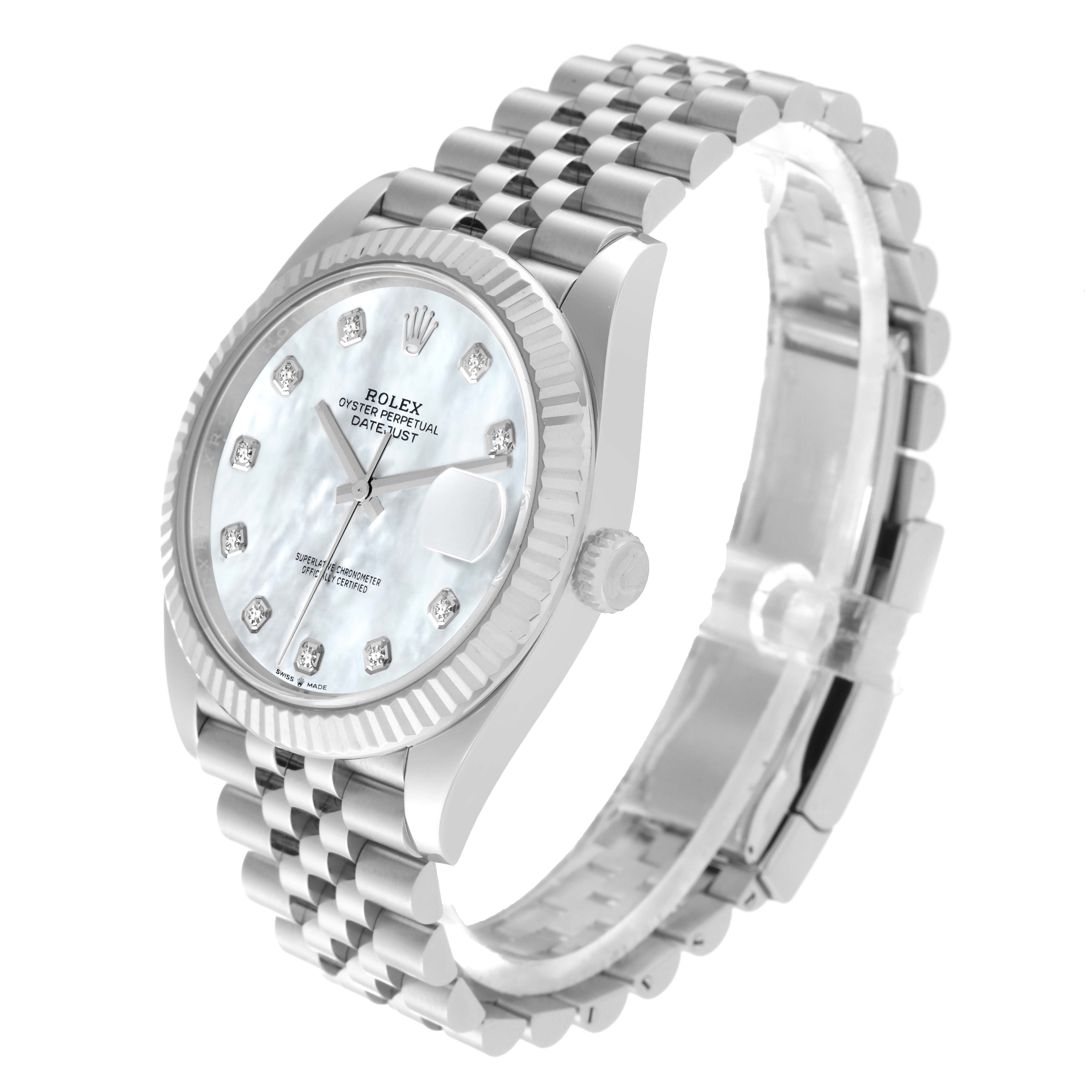 This image shows a Rolex Datejust 41 126334 Men
s Stainless Steel Mother of Pearl Dial 126334 Men
s Stainless Steel Mother of Pearl Dial watch at an angled side view featuring its face, bezel, and bracelet.