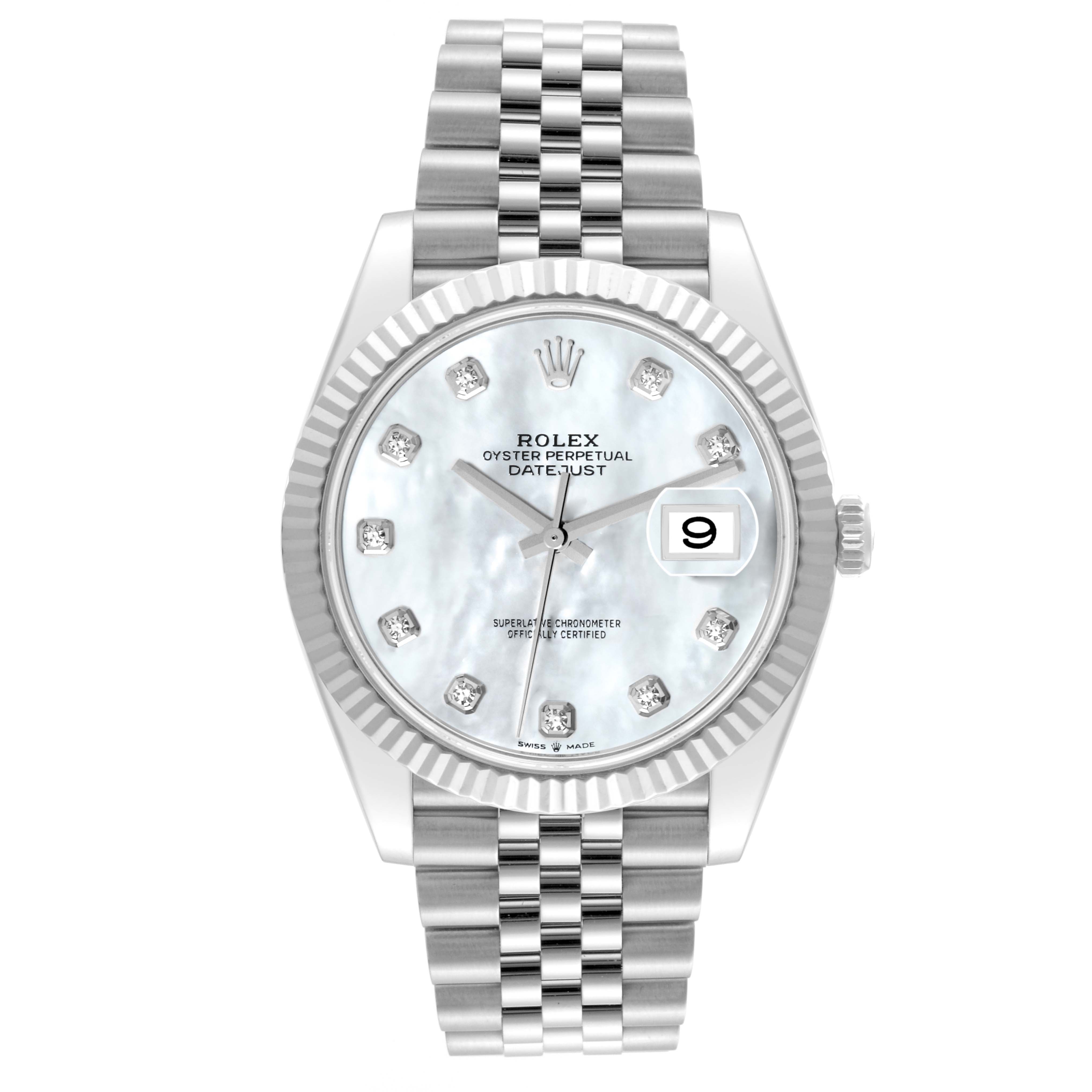 This is a front-facing view of the Rolex Datejust 41 126334 Men
s Stainless Steel Mother of Pearl Dial 126334 Men
s Stainless Steel Mother of Pearl Dial watch, showcasing the dial, bezel, and jubilee bracelet band.