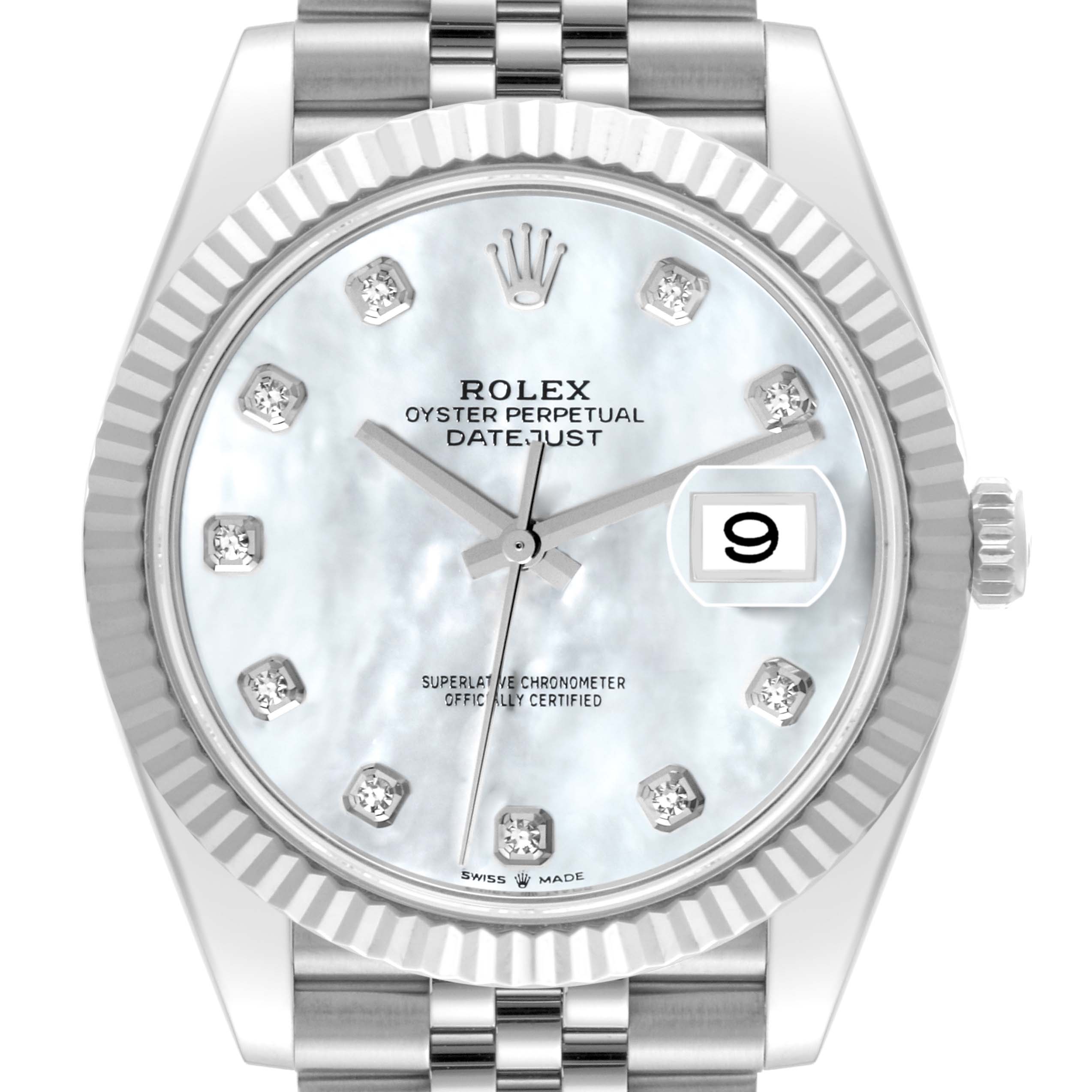 The image shows a Rolex Datejust 41 126334 Men
s Stainless Steel Mother of Pearl Dial 126334 Men
s Stainless Steel Mother of Pearl Dial watch front view, highlighting the dial, fluted bezel, crown, and part of the bracelet.