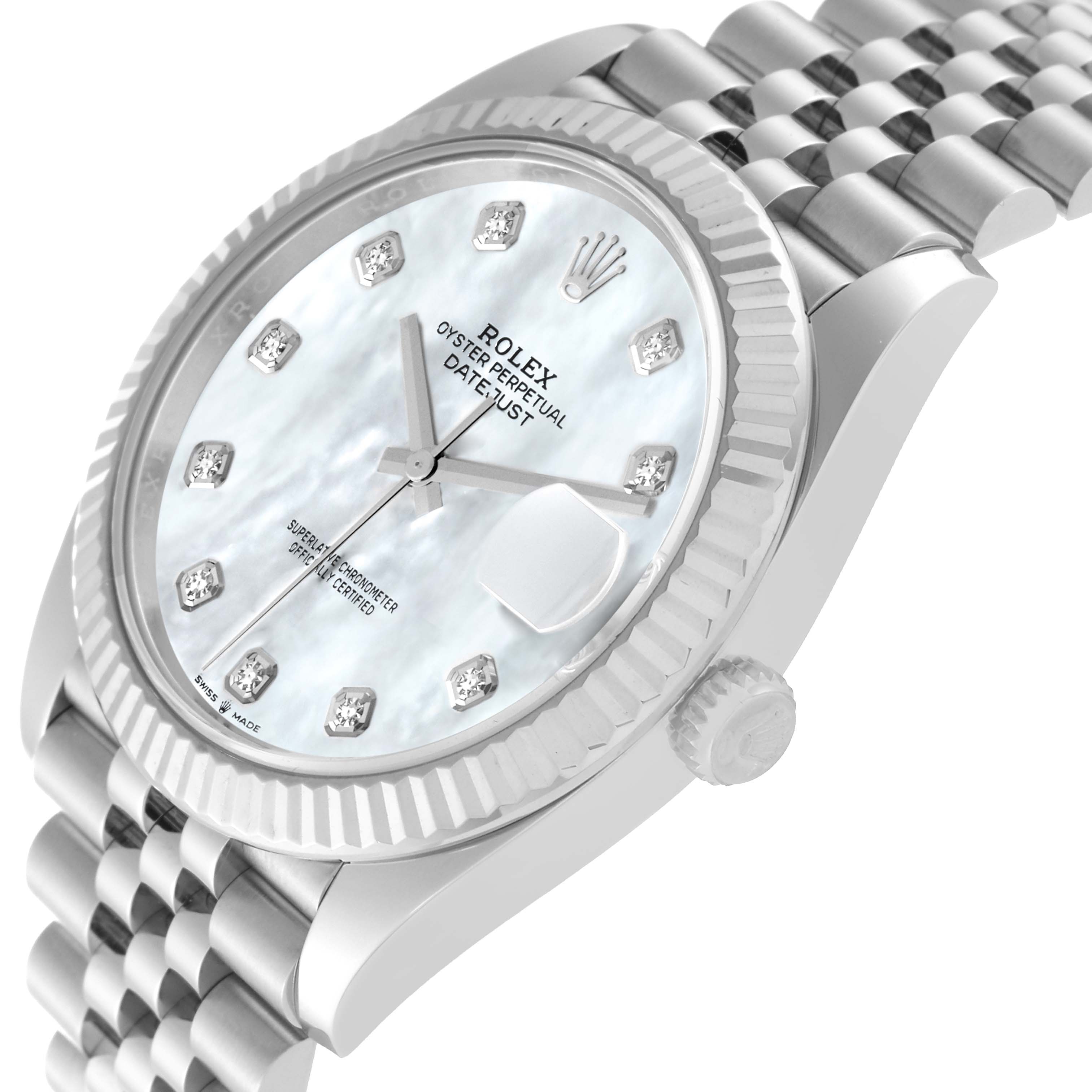 The image shows a close-up of the Rolex Datejust 41 126334 Men
s Stainless Steel Mother of Pearl Dial 126334 Men
s Stainless Steel Mother of Pearl Dial watch dial and upper bracelet at an angle.