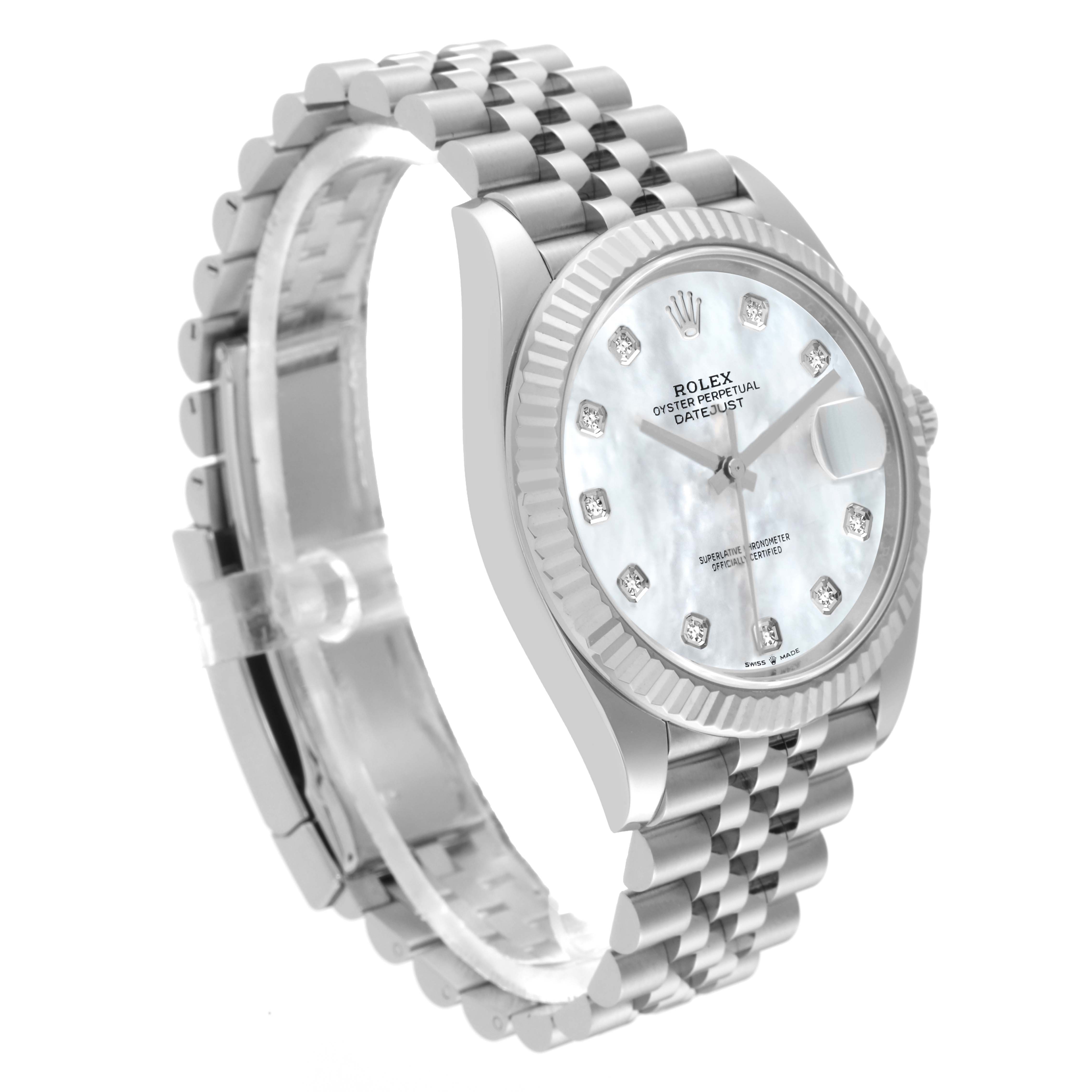 The image shows a Rolex Datejust 41 126334 Men
s Stainless Steel Mother of Pearl Dial 126334 Men
s Stainless Steel Mother of Pearl Dial model angled to display its face and bracelet.