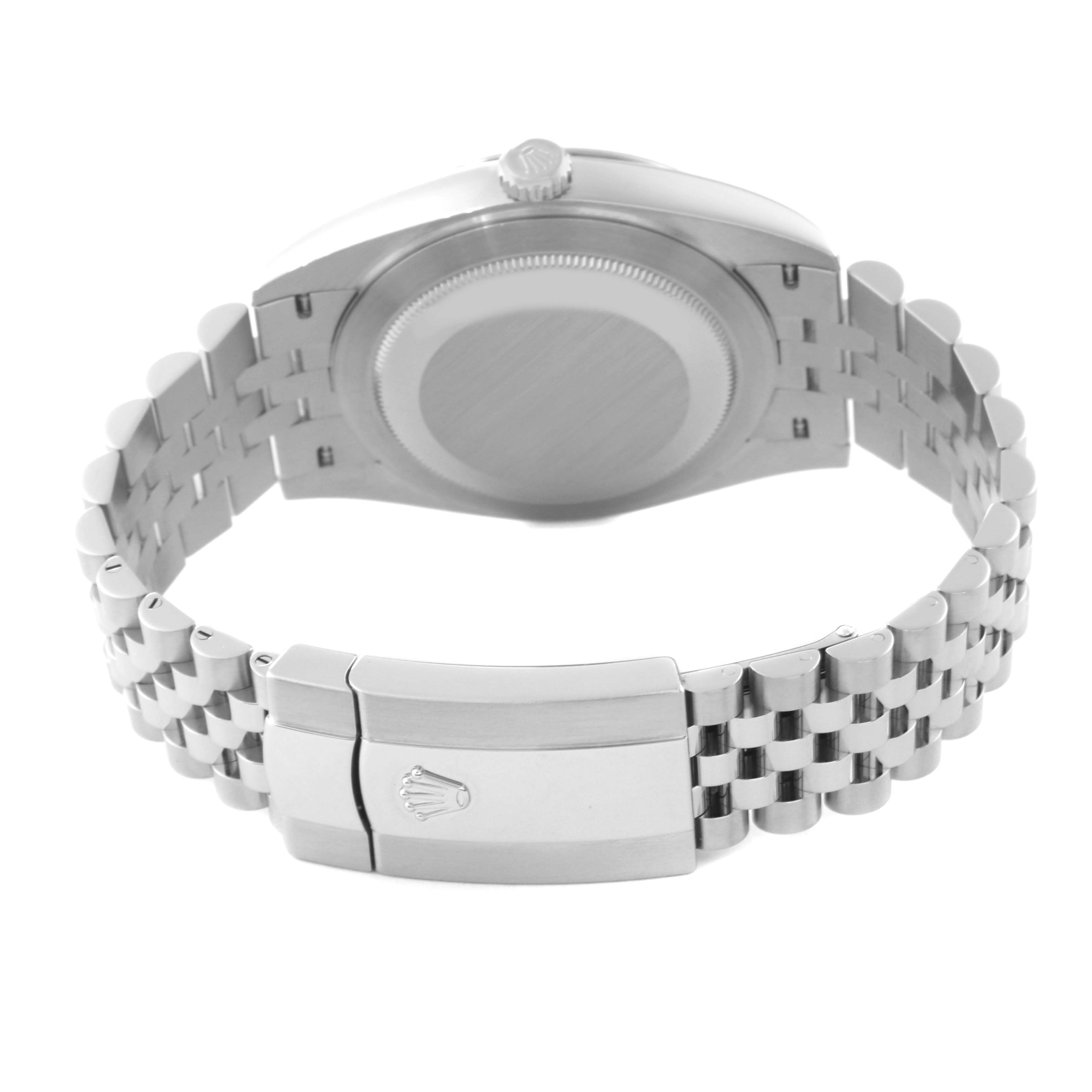 The image shows the back of the Rolex Datejust 41 126334 Men
s Stainless Steel Mother of Pearl Dial 126334 Men
s Stainless Steel Mother of Pearl Dial watch, highlighting its case back and the Jubilee bracelet with a closed clasp.