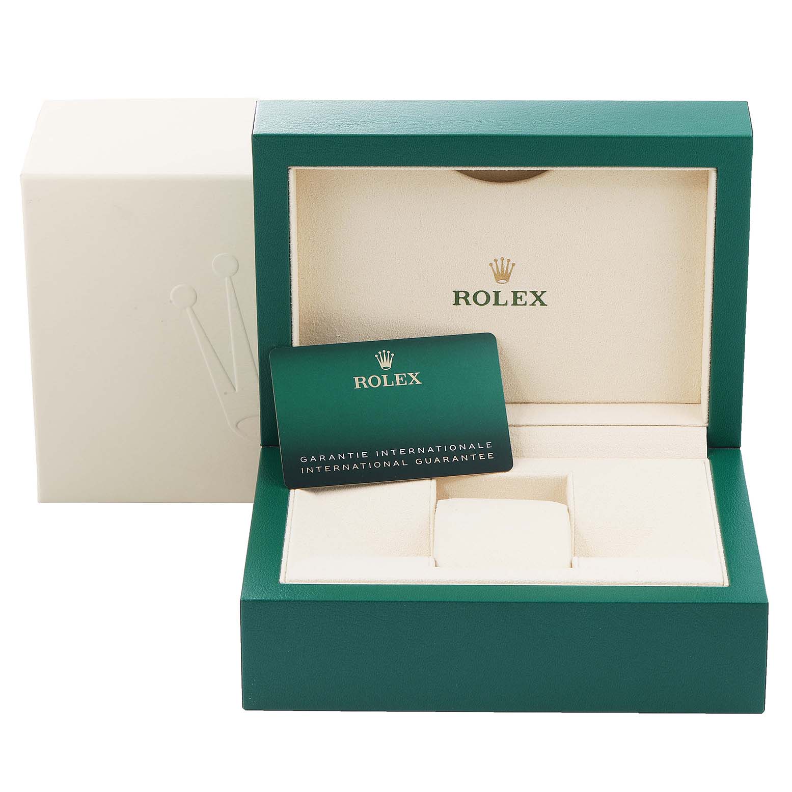 The image shows the open box and international guarantee card for a Rolex Datejust 41 126333 Men's Steel and Gold (two tone) Grey Dial 126333 Men's Steel and Gold (two tone) Grey Dial watch.