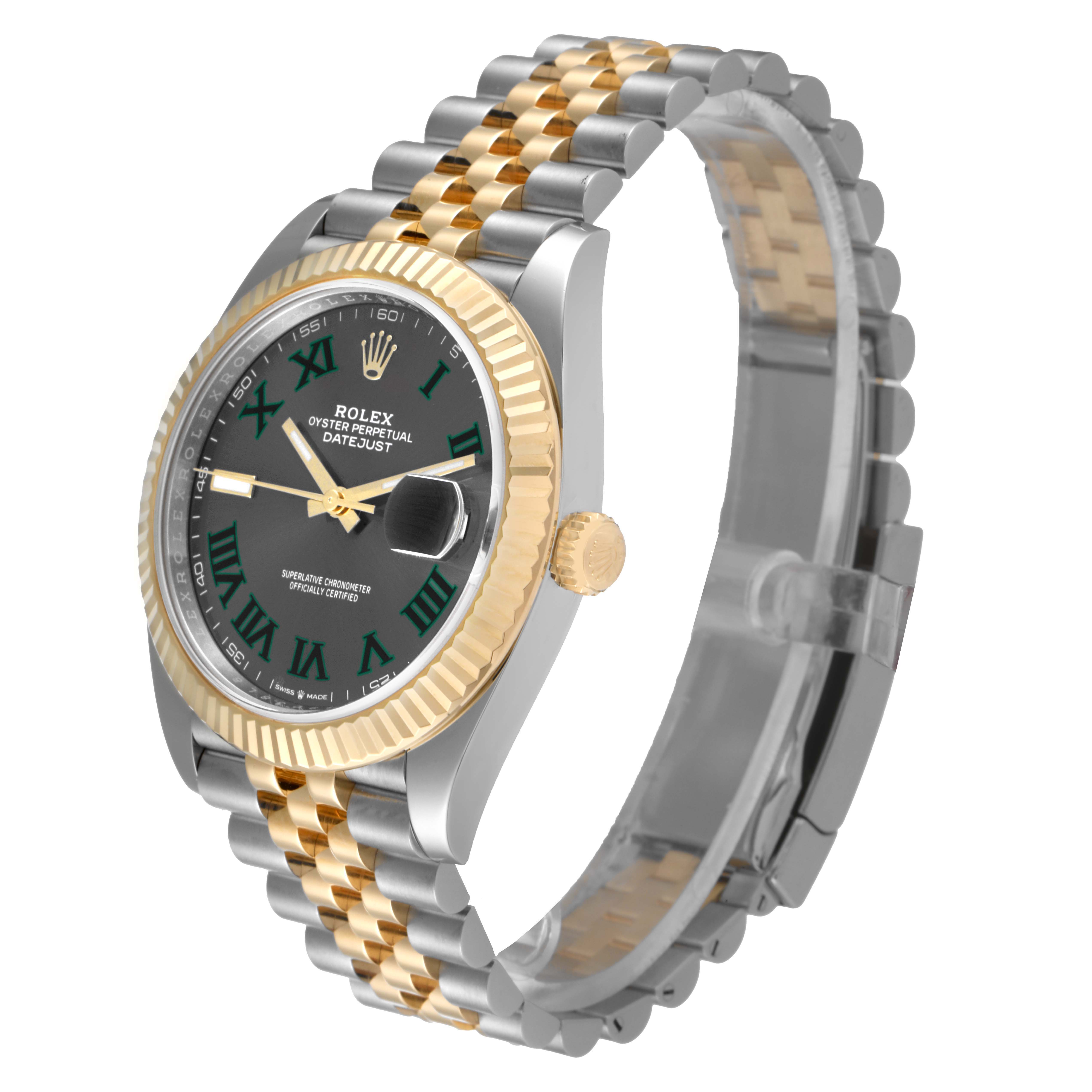 This image shows a Rolex Datejust 41 126333 Men's Steel and Gold (two tone) Grey Dial 126333 Men's Steel and Gold (two tone) Grey Dial watch at an angle, highlighting its black dial, gold fluted bezel, and two-tone Jubilee bracelet.