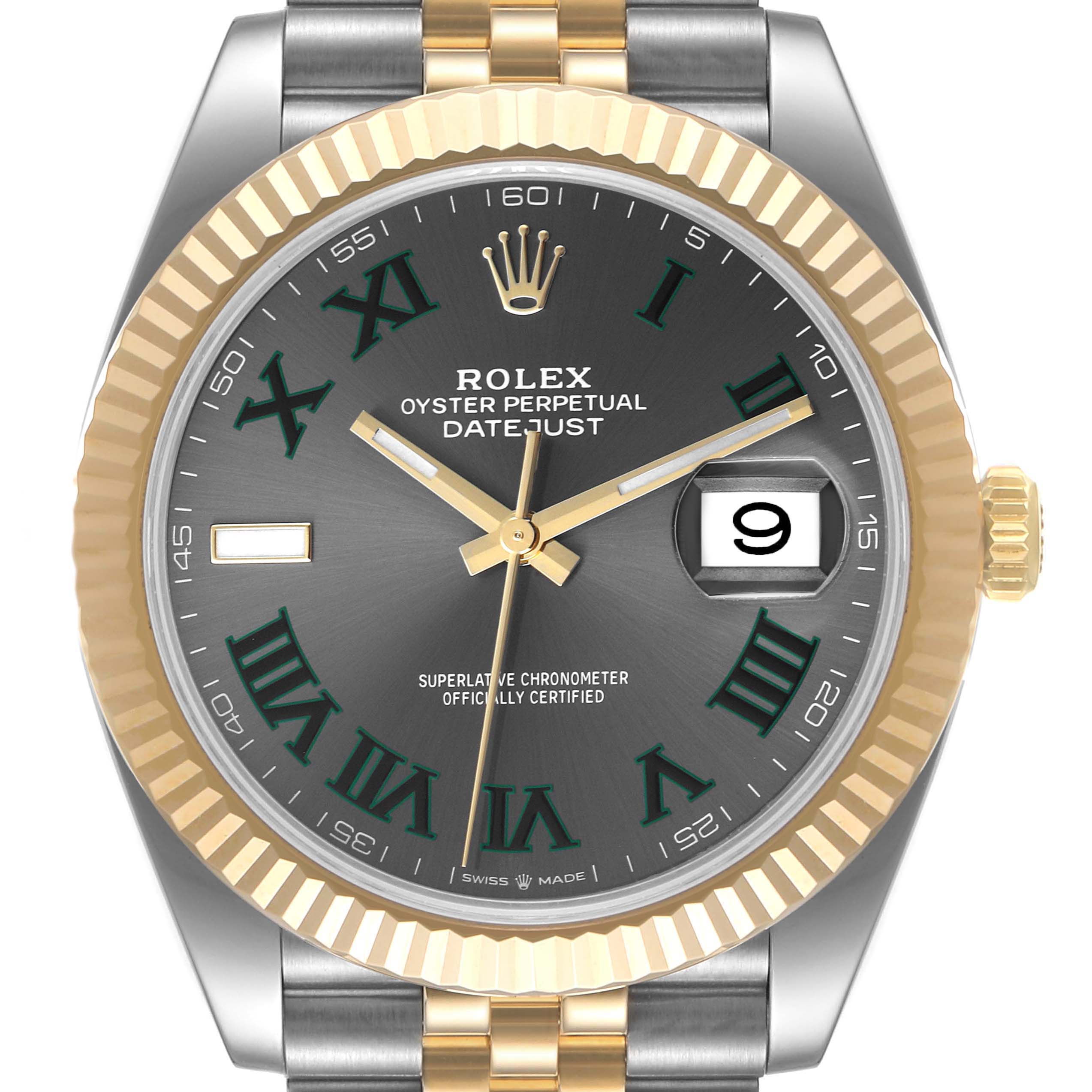 The image shows a frontal view of the Rolex Datejust 41 126333 Men's Steel and Gold (two tone) Grey Dial 126333 Men's Steel and Gold (two tone) Grey Dial watch, highlighting the dial, date window, hands, and part of the bracelet.
