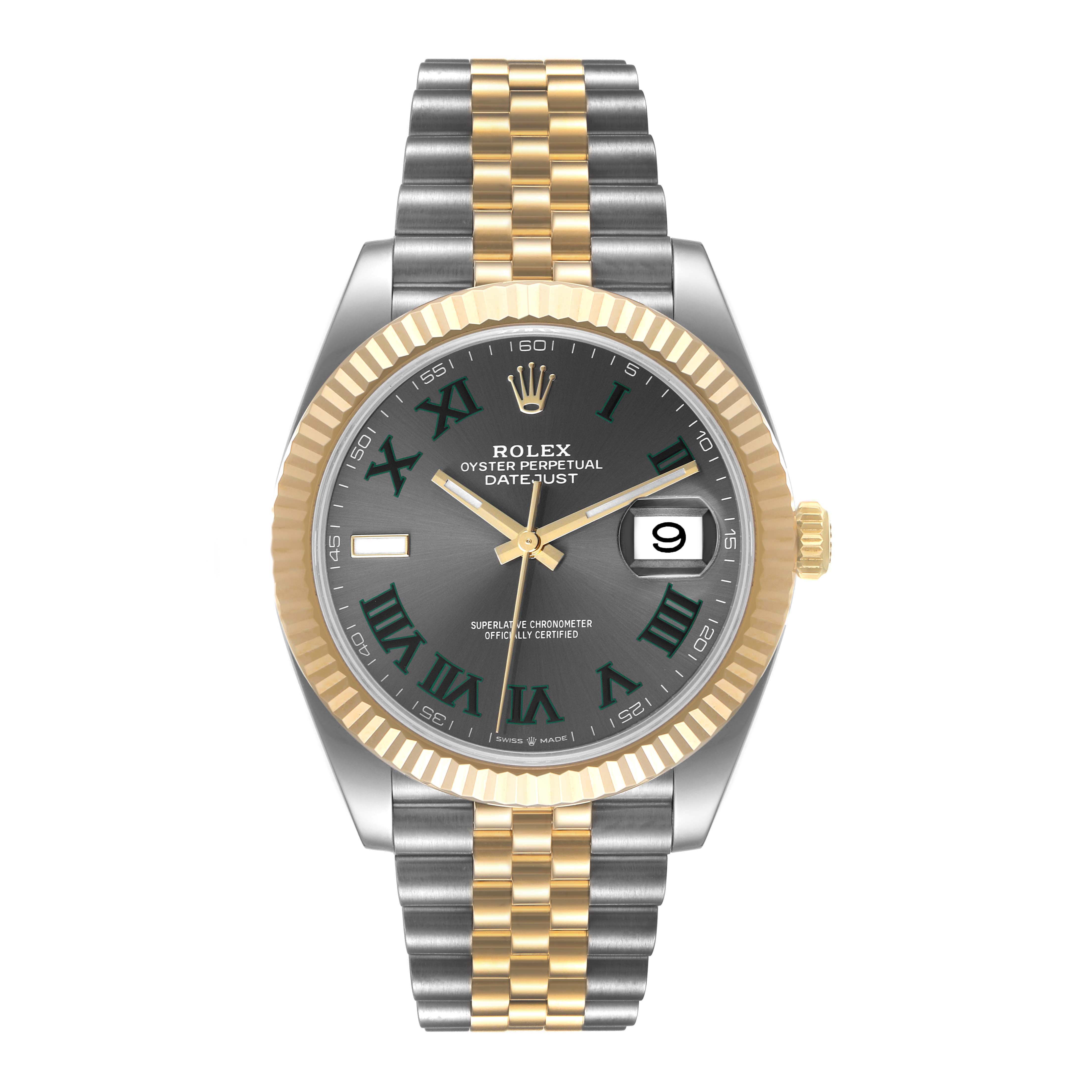 The Rolex Datejust 41 126333 Men's Steel and Gold (two tone) Grey Dial 126333 Men's Steel and Gold (two tone) Grey Dial watch is shown from the front, featuring a gray dial, gold fluted bezel, and a two-tone Jubilee bracelet.
